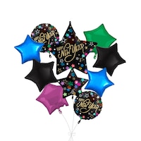 "Happy New Year" Star/Round Satin Foil Supershape Balloon Bouquet with Star Foil Balloons, Black/Pink/Green/Blue, 9-pk, Helium Inflation & Ribbon Included