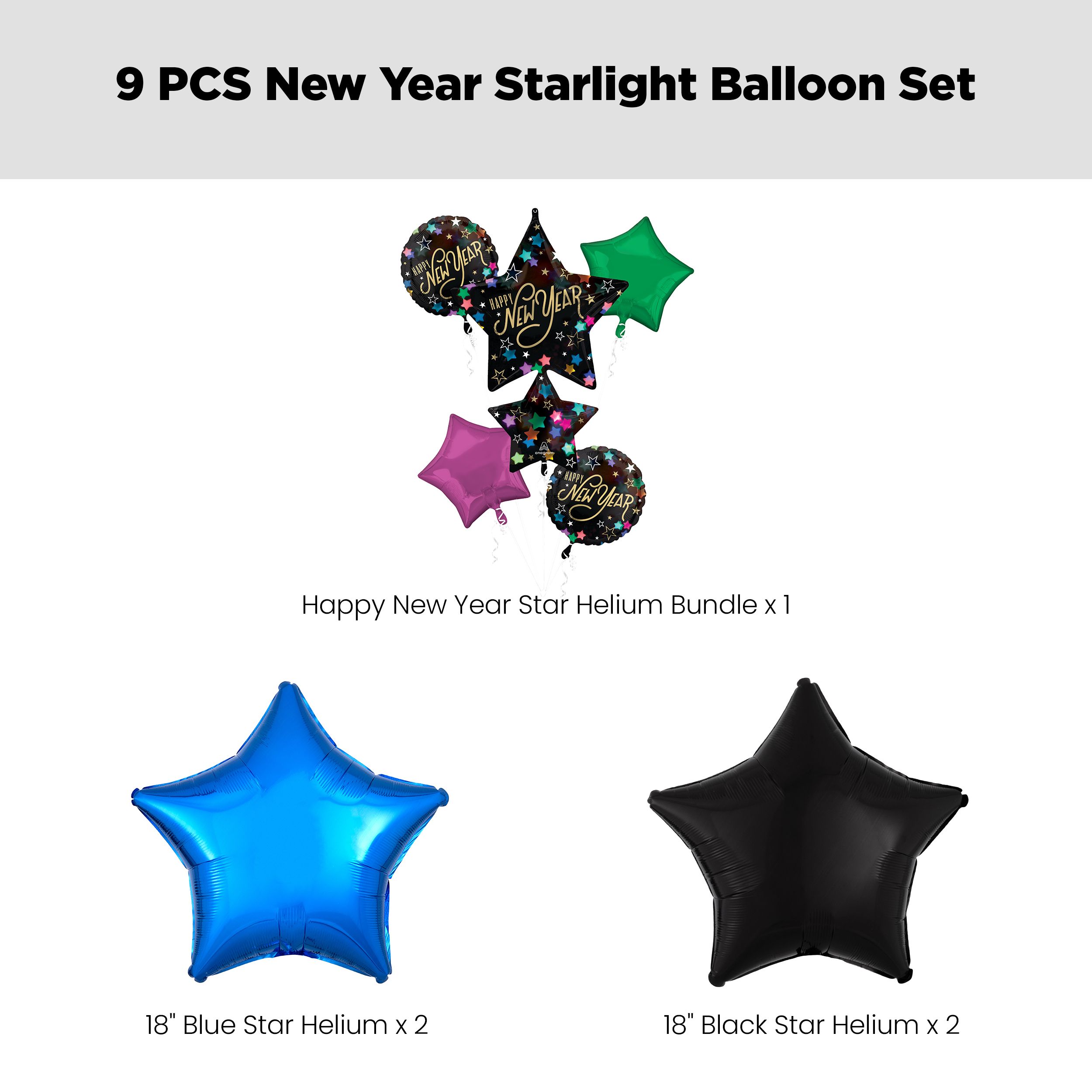 "Happy New Year" Star/Round Satin Foil Supershape Balloon Bouquet with Star Foil Balloons, Black/Pink/Green/Blue, 9-pk, Helium Inflation & Ribbon Included Front_Flat