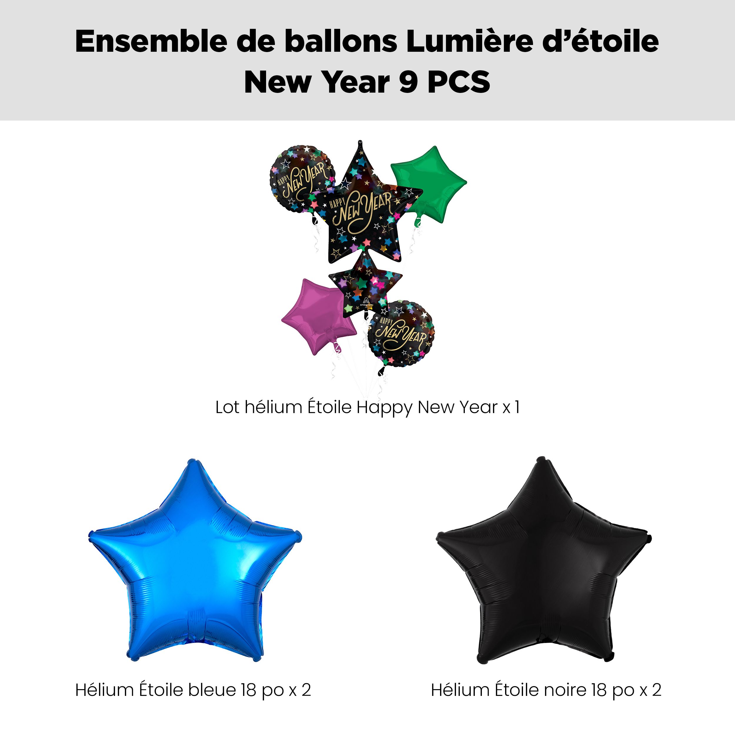Bouquet de ballons géants métalliques satinés étoiles/ronds Happy New Year avec ballons métalliques étoilés, noir/rose/vert/bleu, paq. 9, gonflage à l’hélium et ruban inclus Front_Flat