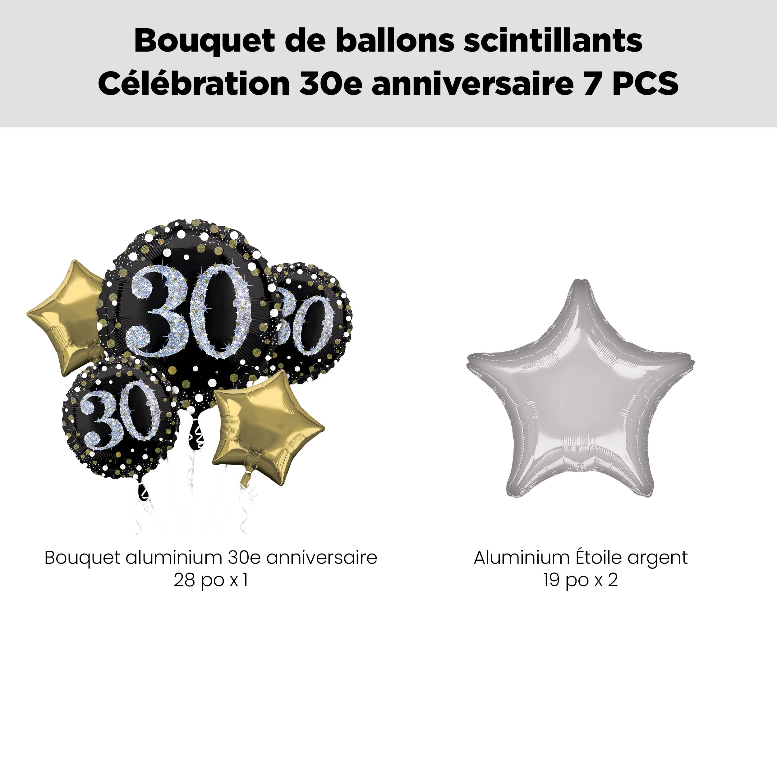 Bouquet de ballons géants Sparkling Celebration 30th Birthday 30 avec ballons en aluminium en forme d’étoile, noir/doré/argenté, paq. 7, gonflage à l’hélium et ruban inclus pour anniversaire Front_Flat