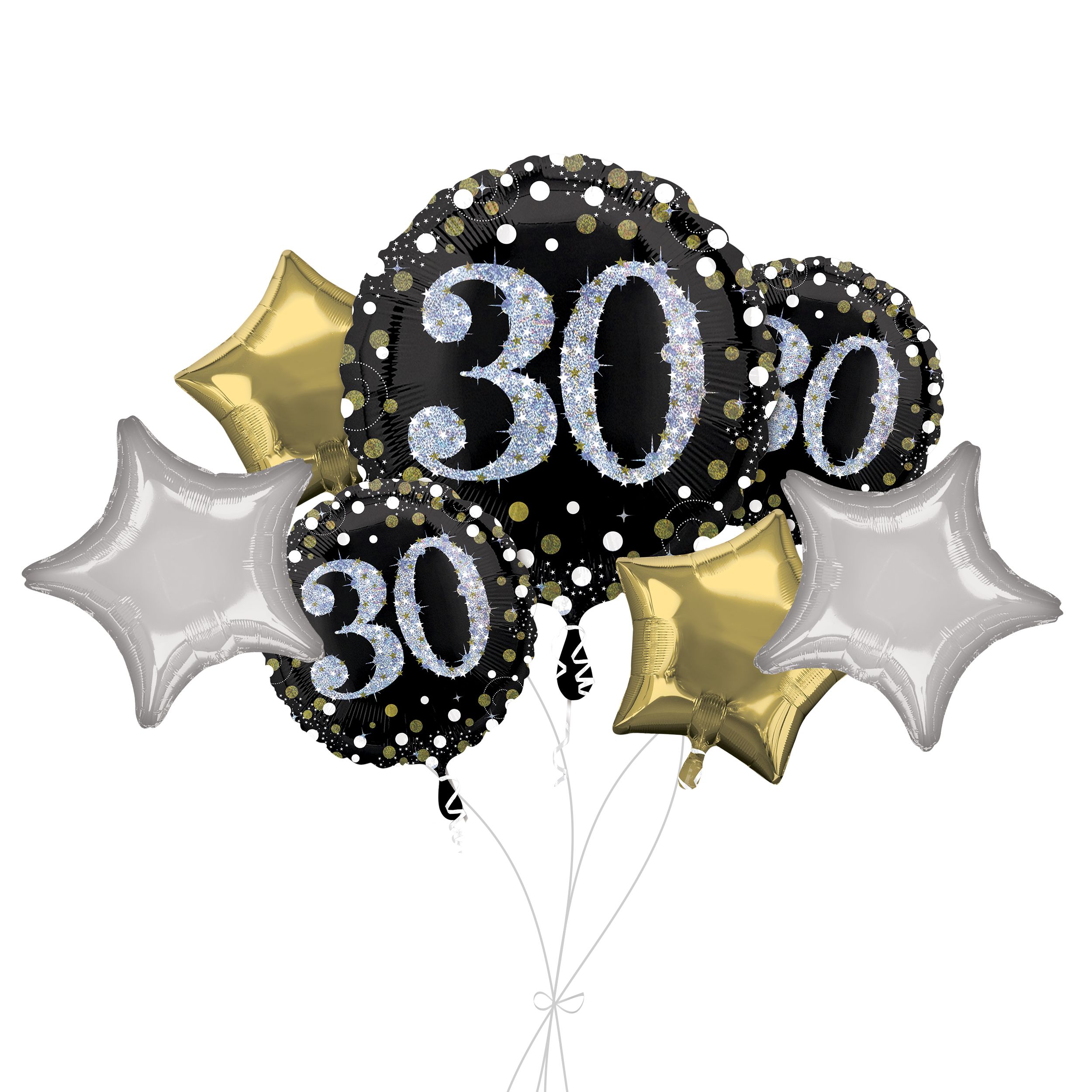 Bouquet de ballons géants Sparkling Celebration 30th Birthday 30 avec ballons en aluminium en forme d’étoile, noir/doré/argenté, paq. 7, gonflage à l’hélium et ruban inclus pour anniversaire Front_Flat