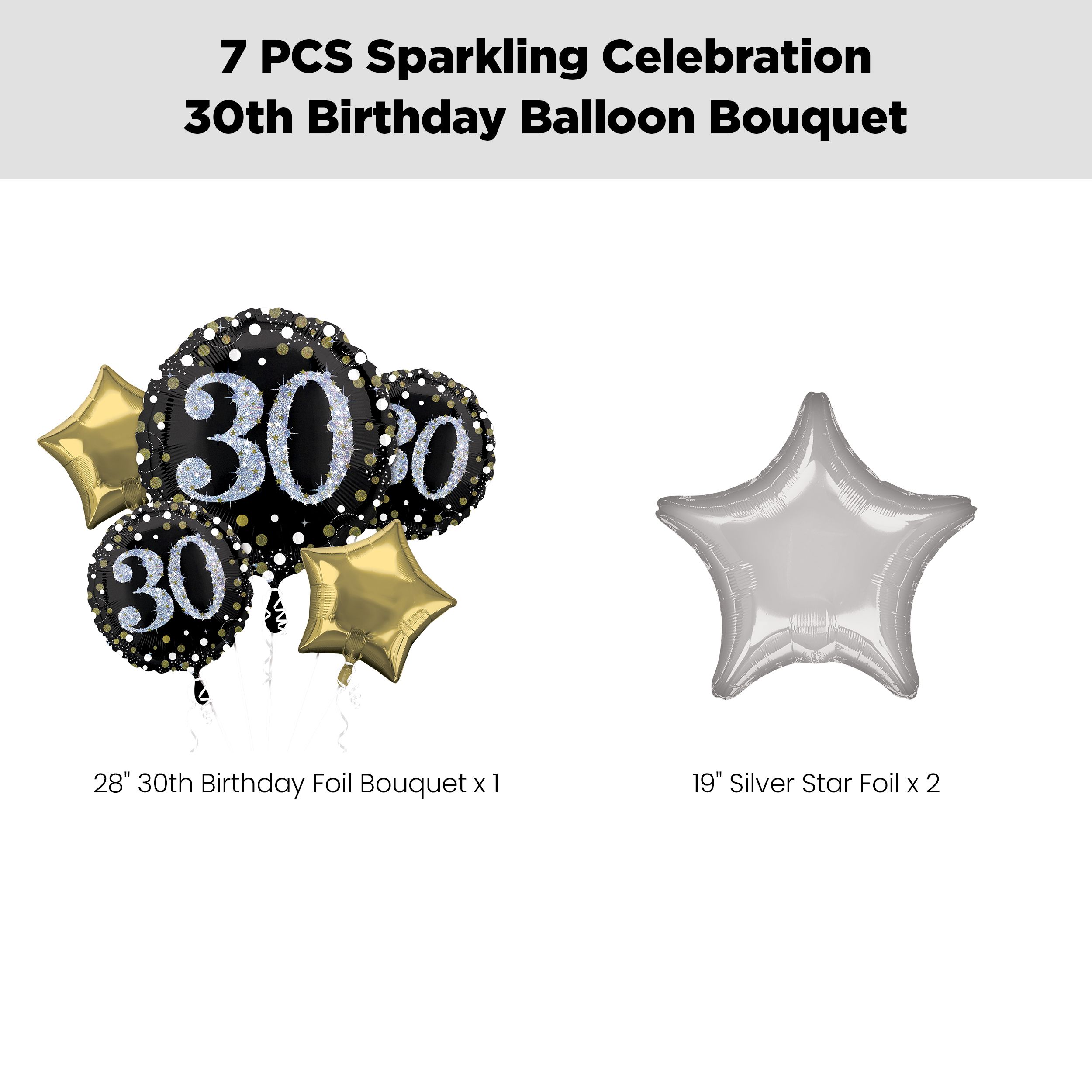 “30” Sparkling Celebration 30th Birthday Jumbo Balloon Bouquet with Star Foil Balloons, Black/Gold/Silver, 7-pk, Helium Inflation & Ribbon Included for Birthday Front_Flat