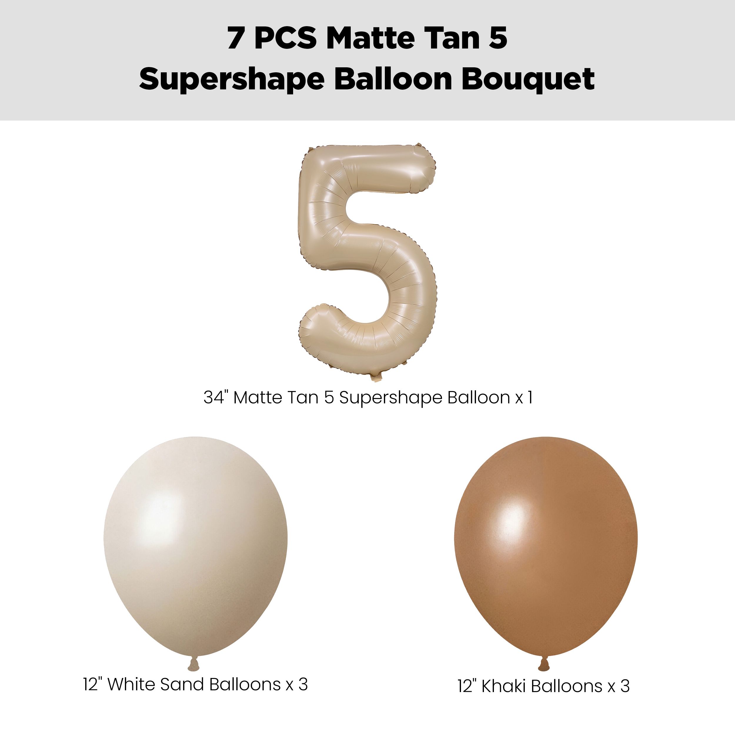 Number 5 Matte Tan Supershape Balloon Bouquet with Latex Balloons, White Sand/Khaki/Chocolate Brown, 7-pk, Helium Inflation & Ribbon Included for Birthday/Special Occasion Front_Flat