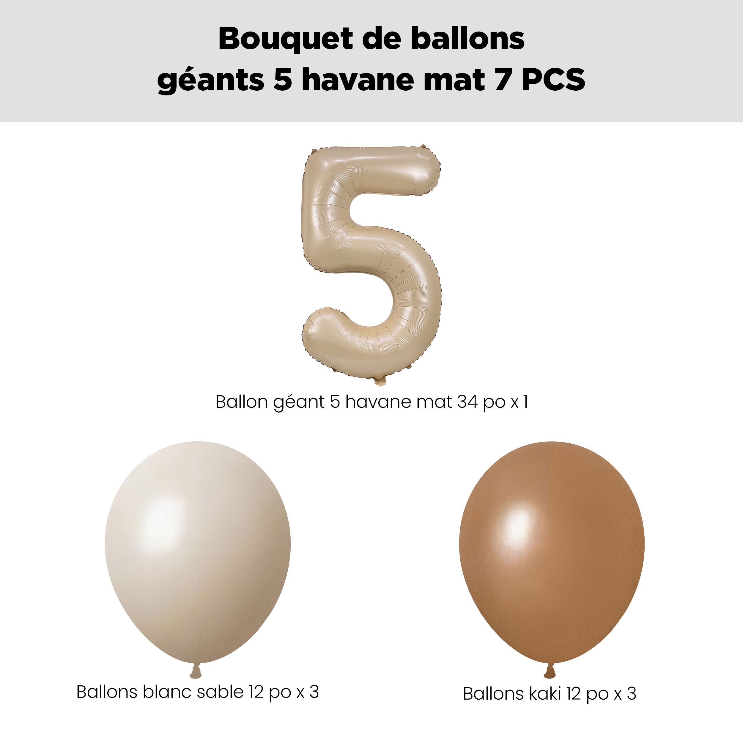 Bouquet de ballons avec ballon Supershape en forme du chiffre&nbsp;5, havane mat, et ballons en latex, sable blanc, kaki et brun chocolat, paq. 7, gonflage à l’hélium et ruban compris, pour anniversaire/occasion spéciale Front_Flat
