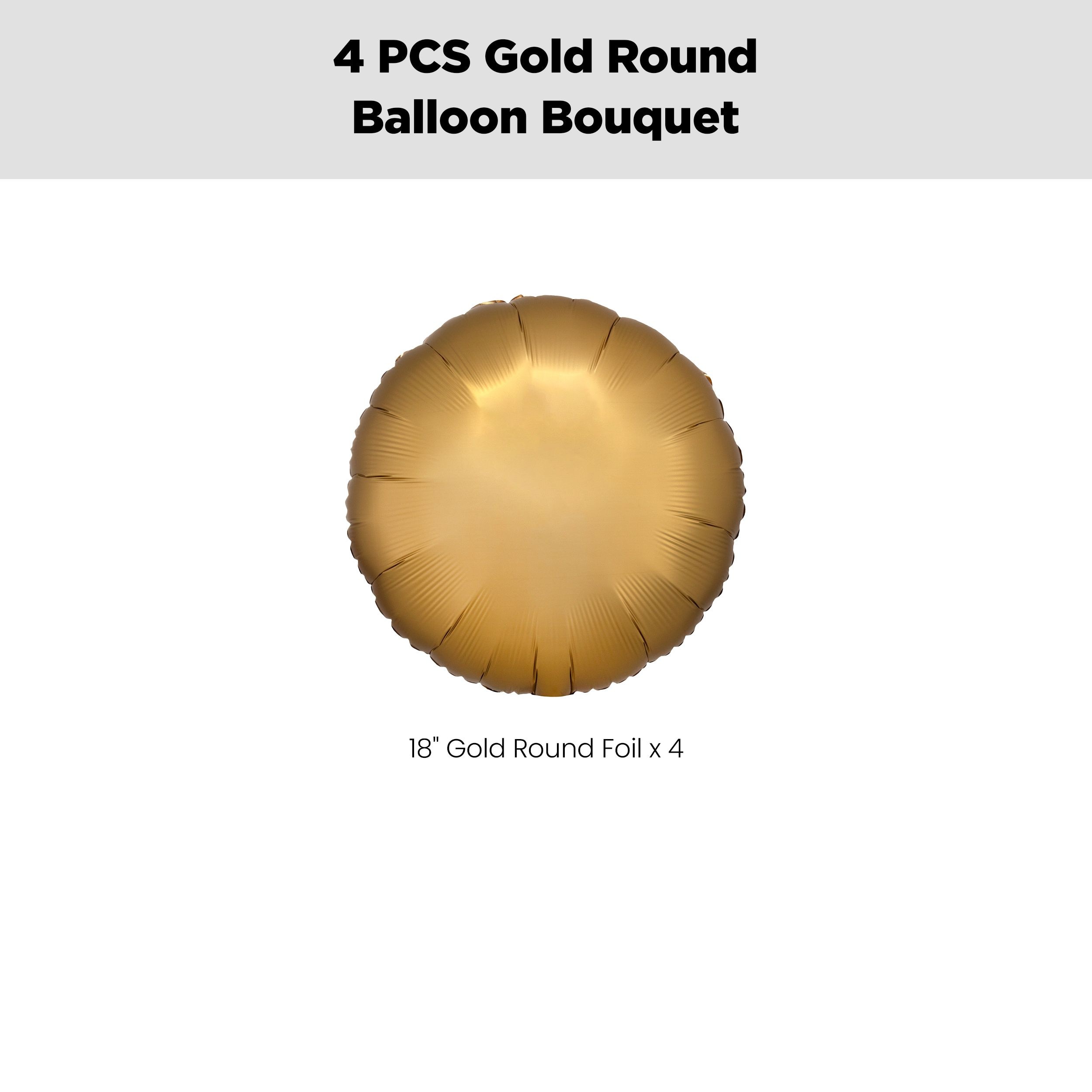 Round Foil Balloon Bouquet, Gold, 4-pk, Helium Inflation & Ribbon Included for Birthday/Special Occasion Front_Flat