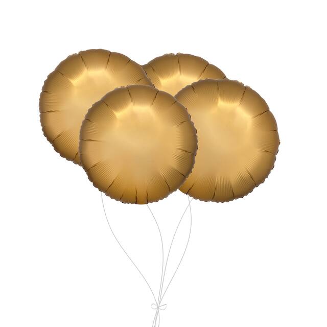 Round Foil Balloon Bouquet, Gold, 4-pk, Helium Inflation & Ribbon Included for Birthday/Special Occasion Front_Flat