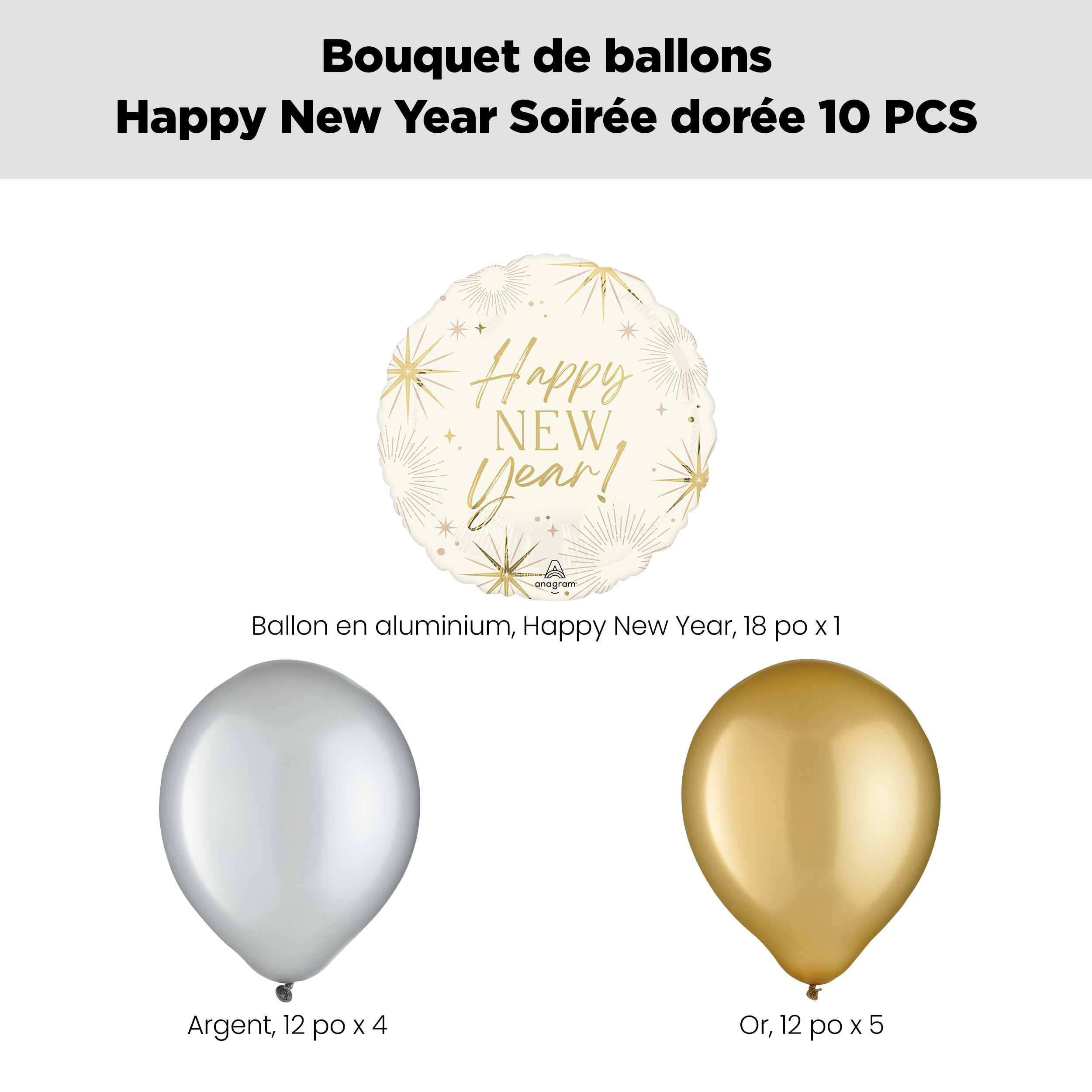 Happy New Year! Bouquet de ballons standard Happy New Year soirée en or avec ballons en latex, argenté/doré, paq. 10, gonflage à l'hélium et ruban inclus Front_Flat