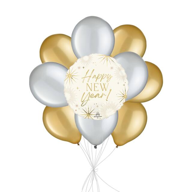 "Happy New Year!" Golden Soiree Balloon Bouquet with Latex Balloons, Silver/Gold, 10-pk, Helium Inflation & Ribbon Included Front_Flat