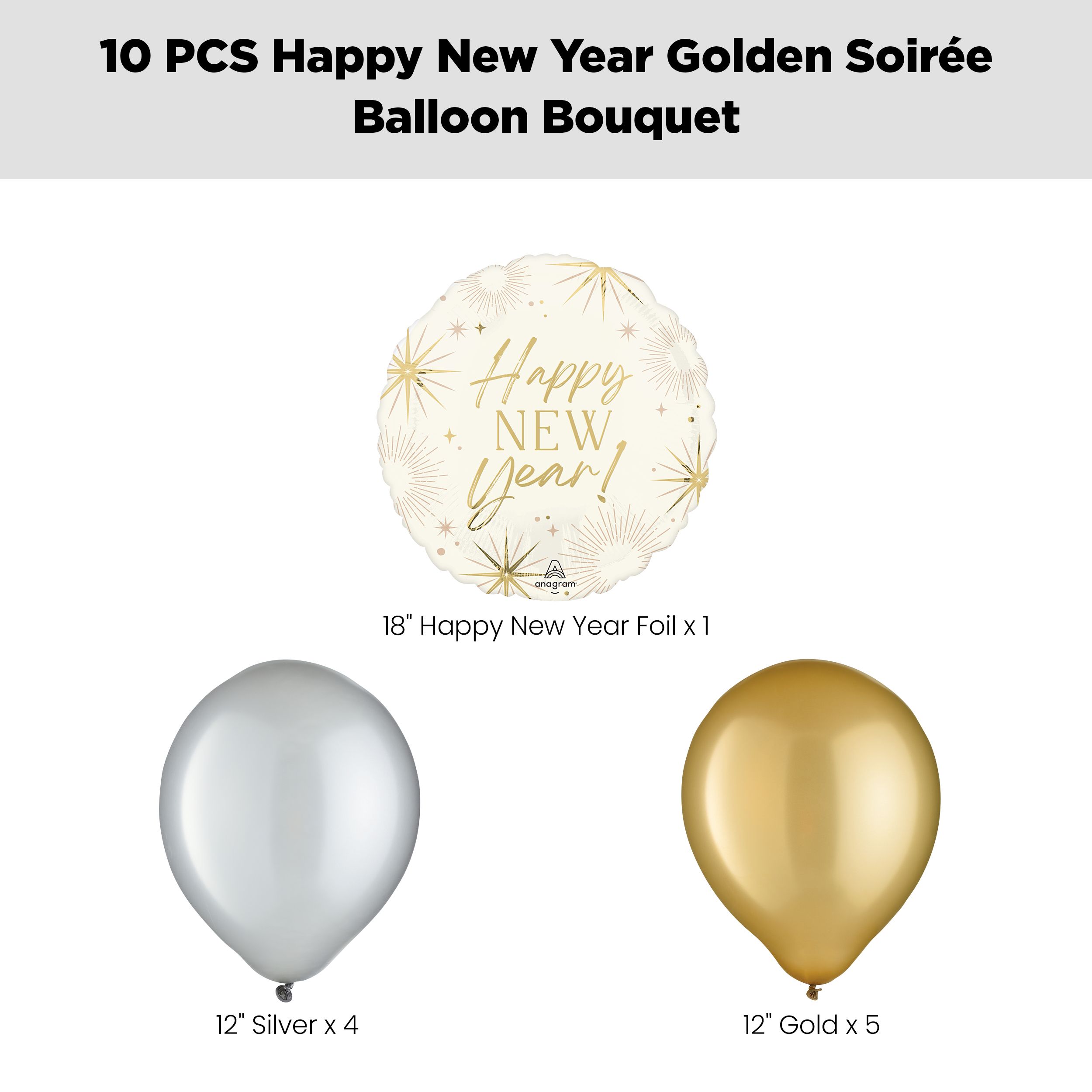 "Happy New Year!" Golden Soiree Balloon Bouquet with Latex Balloons, Silver/Gold, 10-pk, Helium Inflation & Ribbon Included Front_Flat