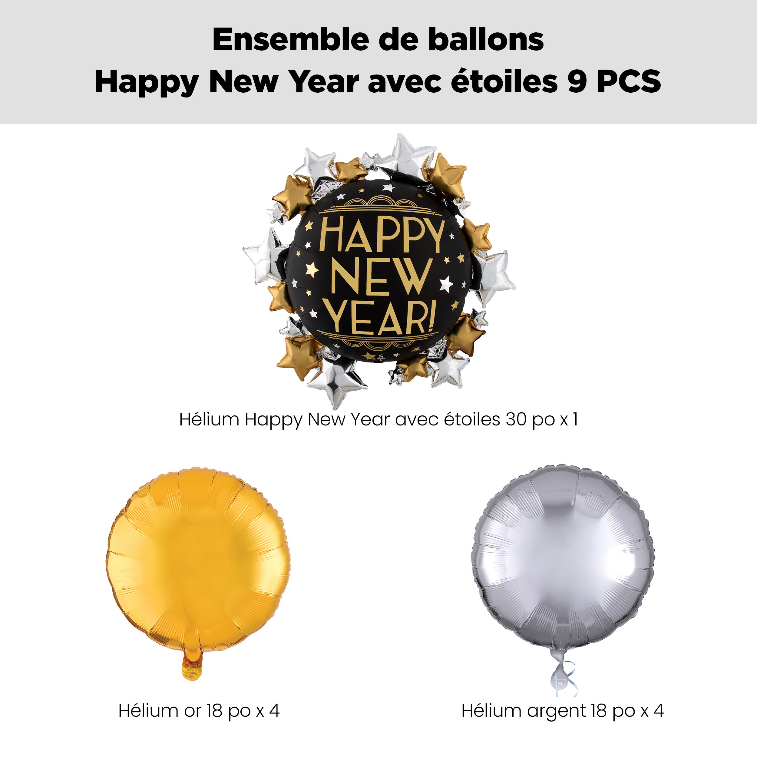 Bouquet de ballons géants métalliques ronds et étoilés Happy New Year avec ballons métalliques ronds, doré/argenté, paq. 9, gonflage à l’hélium et ruban inclus Front_Flat