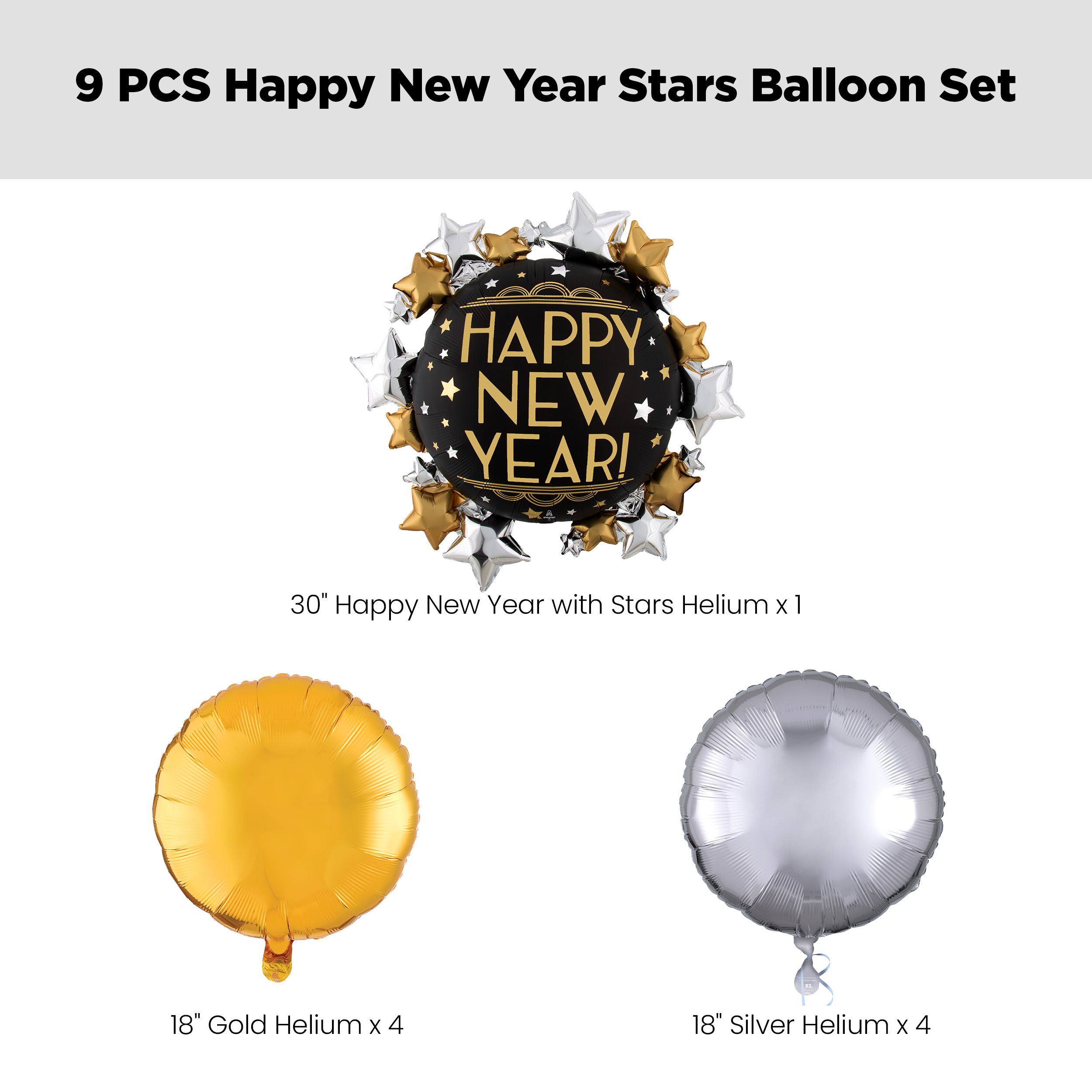"Happy New Year" Round & Stars Satin Foil Supershape Balloon Bouquet with Round Foil Balloons, Gold/Silver, 9-pk, Helium Inflation & Ribbon Included Front_Flat
