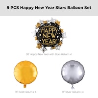 "Happy New Year" Round & Stars Satin Foil Supershape Balloon Bouquet with Round Foil Balloons, Gold/Silver, 9-pk, Helium Inflation & Ribbon Included