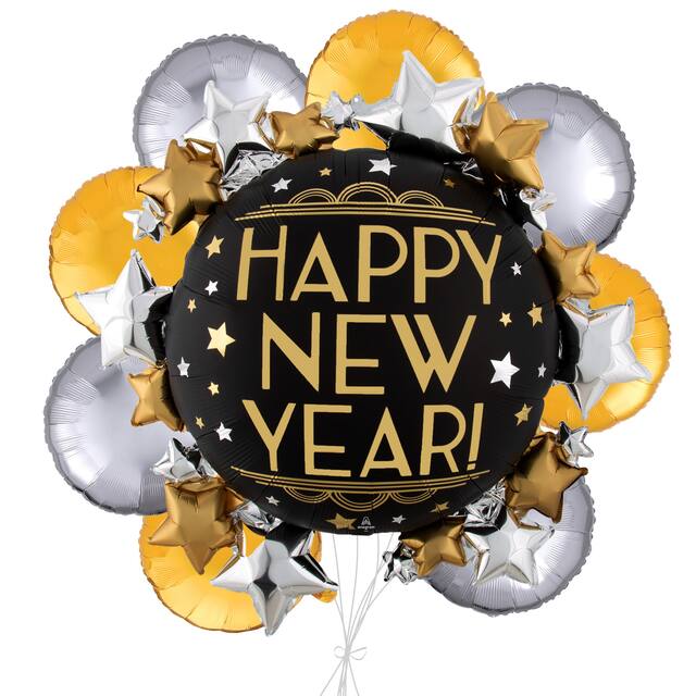 "Happy New Year" Round & Stars Satin Foil Supershape Balloon Bouquet with Round Foil Balloons, Gold/Silver, 9-pk, Helium Inflation & Ribbon Included Front_Elevated