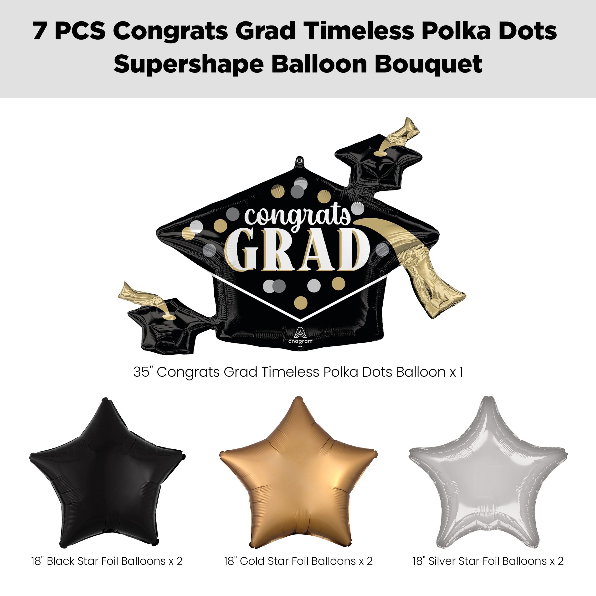 “Congrats Grad” Timeless Polka Dots Supershape Balloon Bouquet with Star Foil Balloons, Black/Gold/Silver, 7-pk, Helium Inflation & Ribbon Included Front_Flat