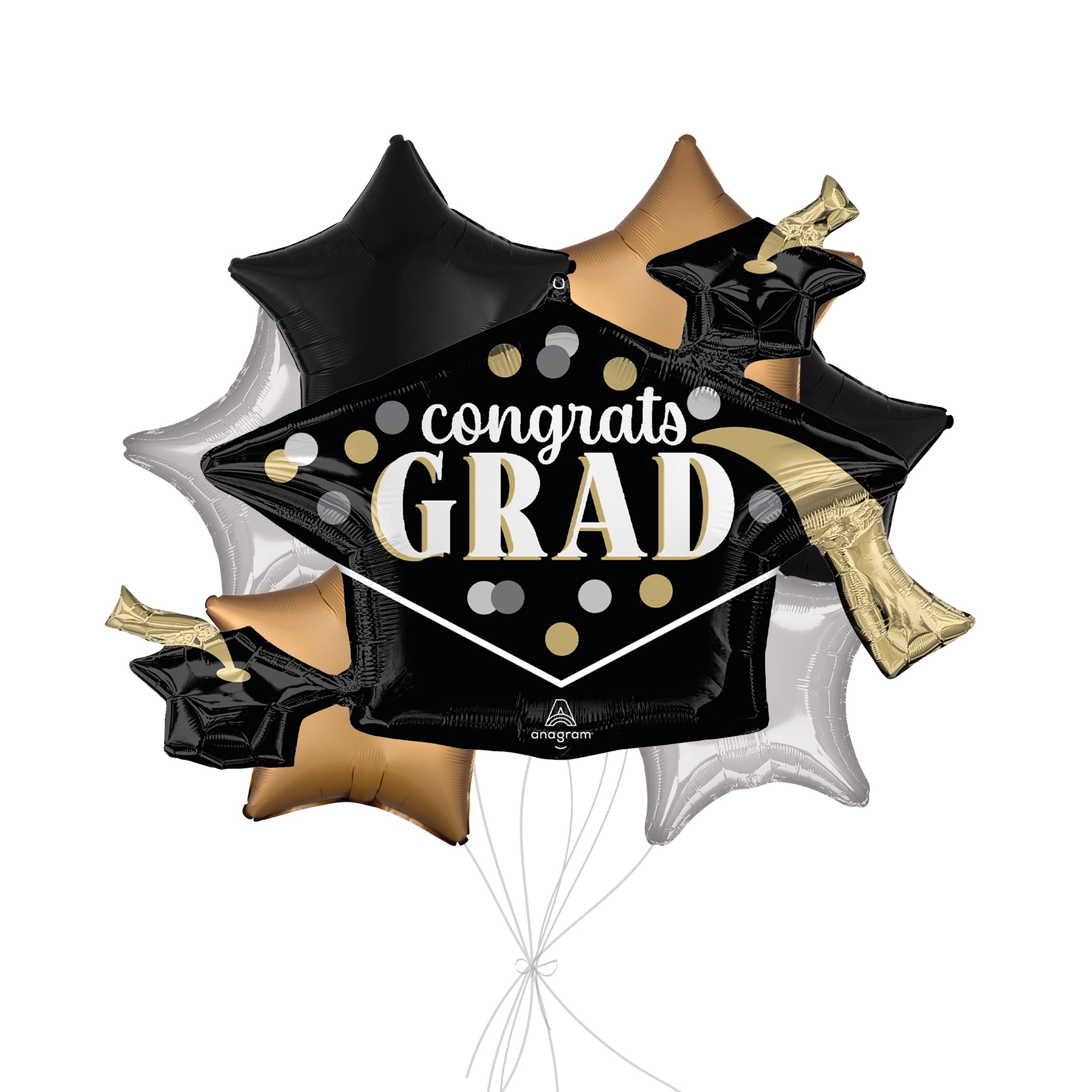 Bouquet de ballons Supershape Congrats Grad à pois avec ballons étoiles en aluminium, noir/doré/argenté, paq. 7, gonflage à l'hélium et ruban inclus Front_Flat