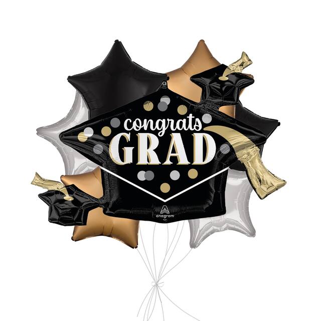Bouquet de ballons Supershape Congrats Grad à pois avec ballons étoiles en aluminium, noir/doré/argenté, paq. 7, gonflage à l'hélium et ruban inclus Front_Flat