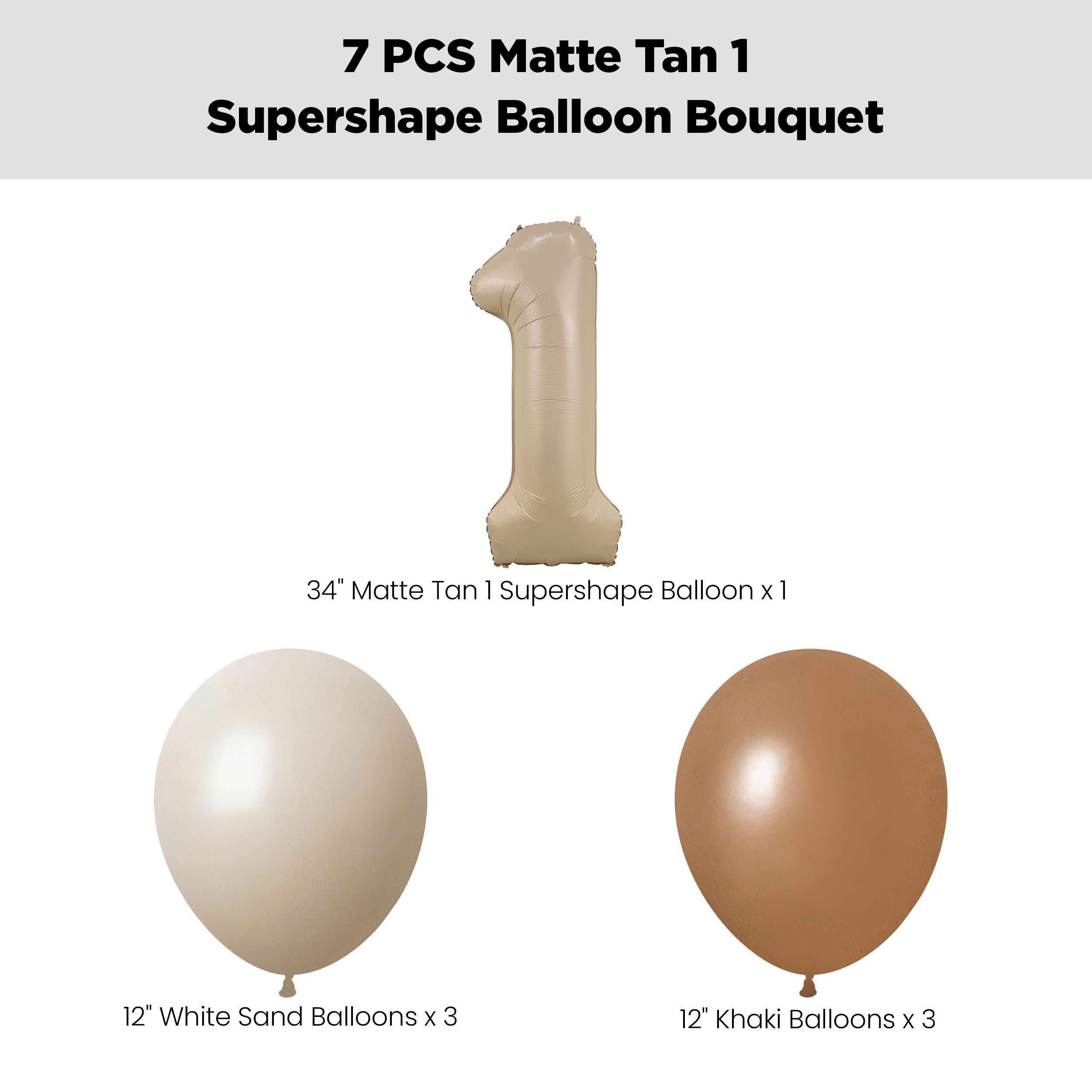 Number 1 Matte Tan Supershape Balloon Bouquet with Latex Balloons, White Sand/Khaki/Chocolate Brown, 7-pk, Helium Inflation & Ribbon Included for Birthday/Special Occasion Front_Flat
