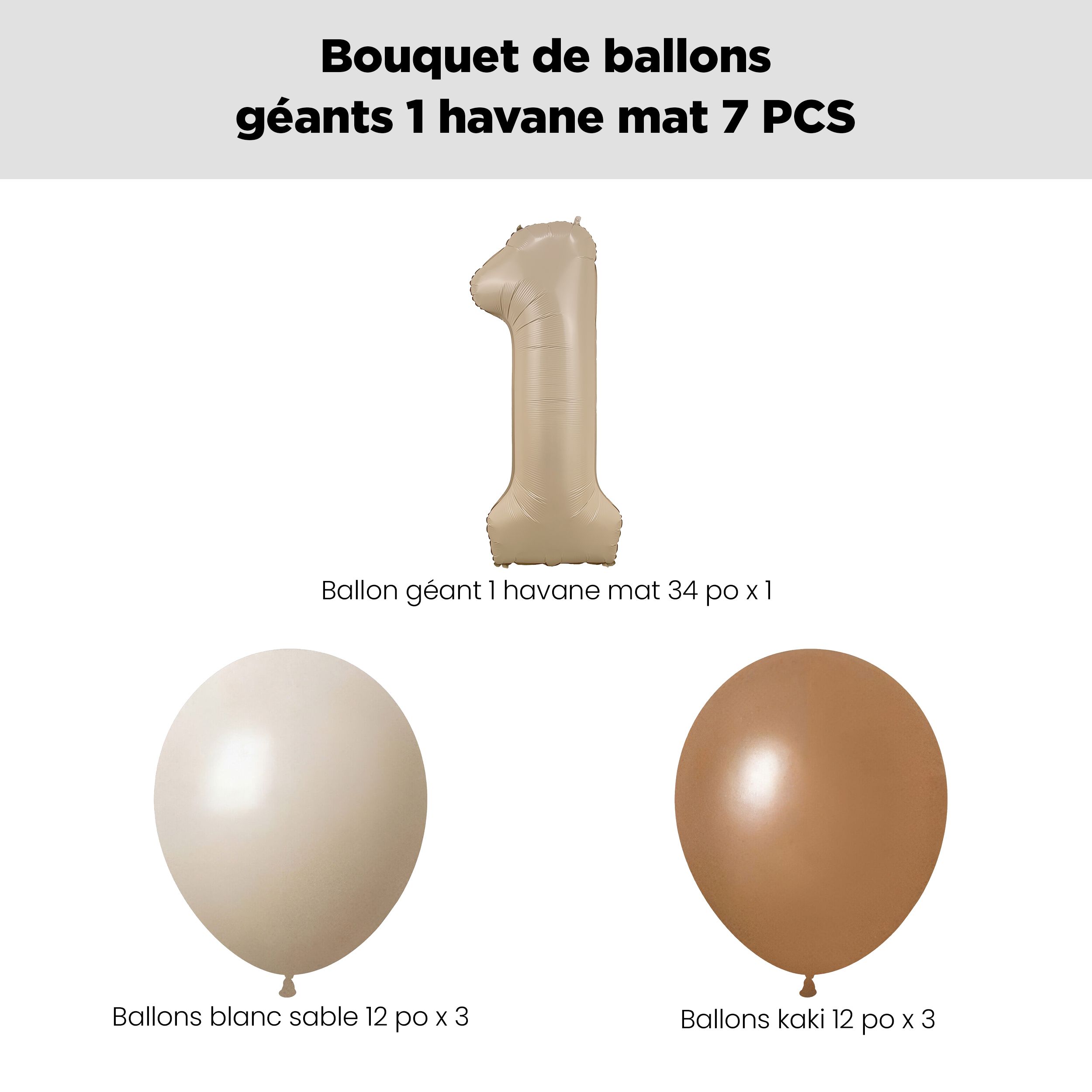 Bouquet de ballons avec ballon Supershape en forme du chiffre&nbsp;1, havane mat, et ballons en latex, sable blanc, kaki et brun chocolat, paq. 7, gonflage à l’hélium et ruban compris, pour anniversaire/occasion spéciale Front_Flat