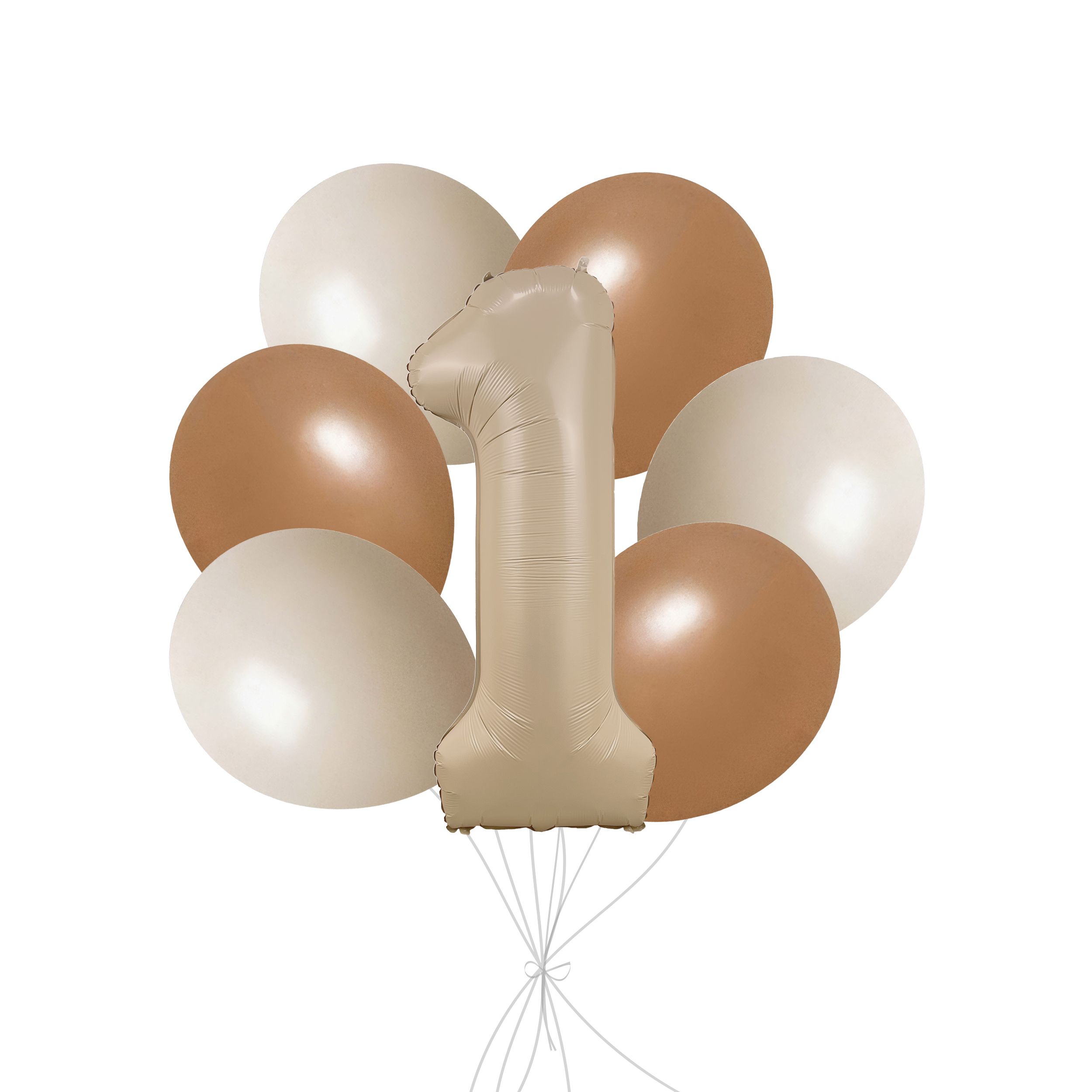 Number 1 Matte Tan Supershape Balloon Bouquet with Latex Balloons, White Sand/Khaki/Chocolate Brown, 7-pk, Helium Inflation & Ribbon Included for Birthday/Special Occasion Front_Flat