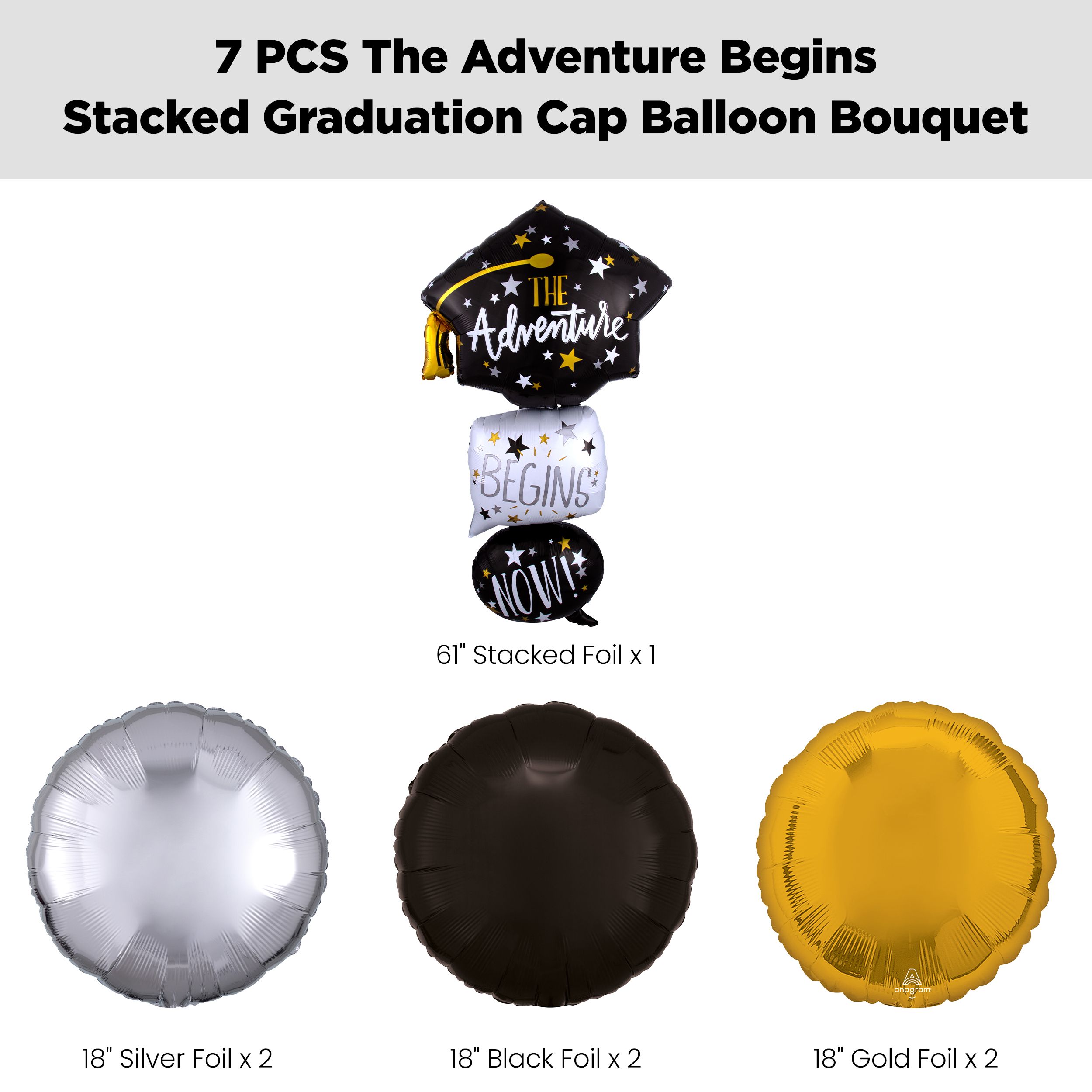 "The Adventure Begins Now" Stacked Graduation Cap Supershape Balloon Bouquet with Round Foil Balloons, Gold/Silver, 7-pk, Helium Inflation & Ribbon Included Front_Flat