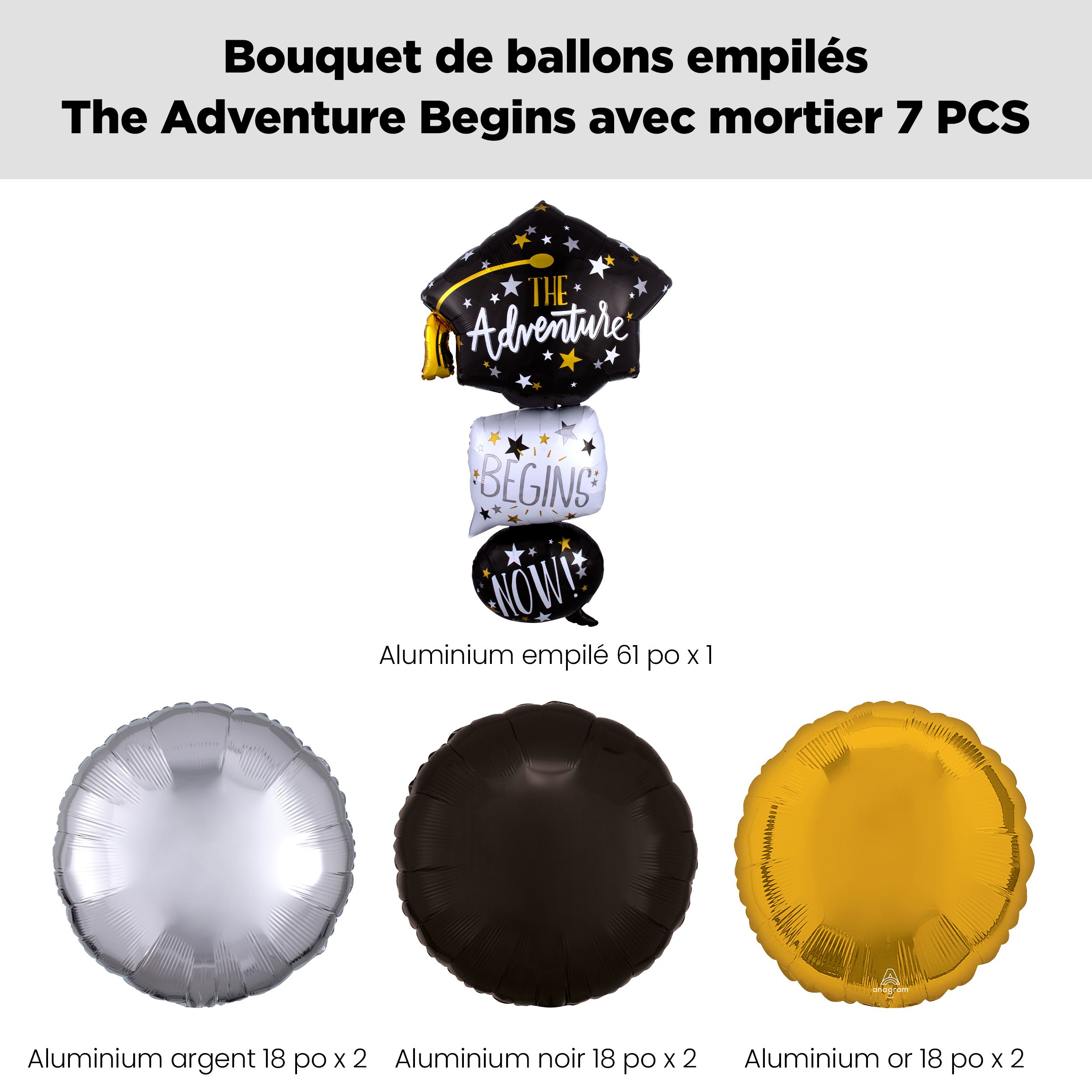 Bouquet de ballons en forme super superposé mortier «&nbsp;The Adventure Begins Now&nbsp;» avec ballons ronds en aluminium dorés et argentés, paq. 7, gonflage à l’hélium et ruban inclus Front_Flat