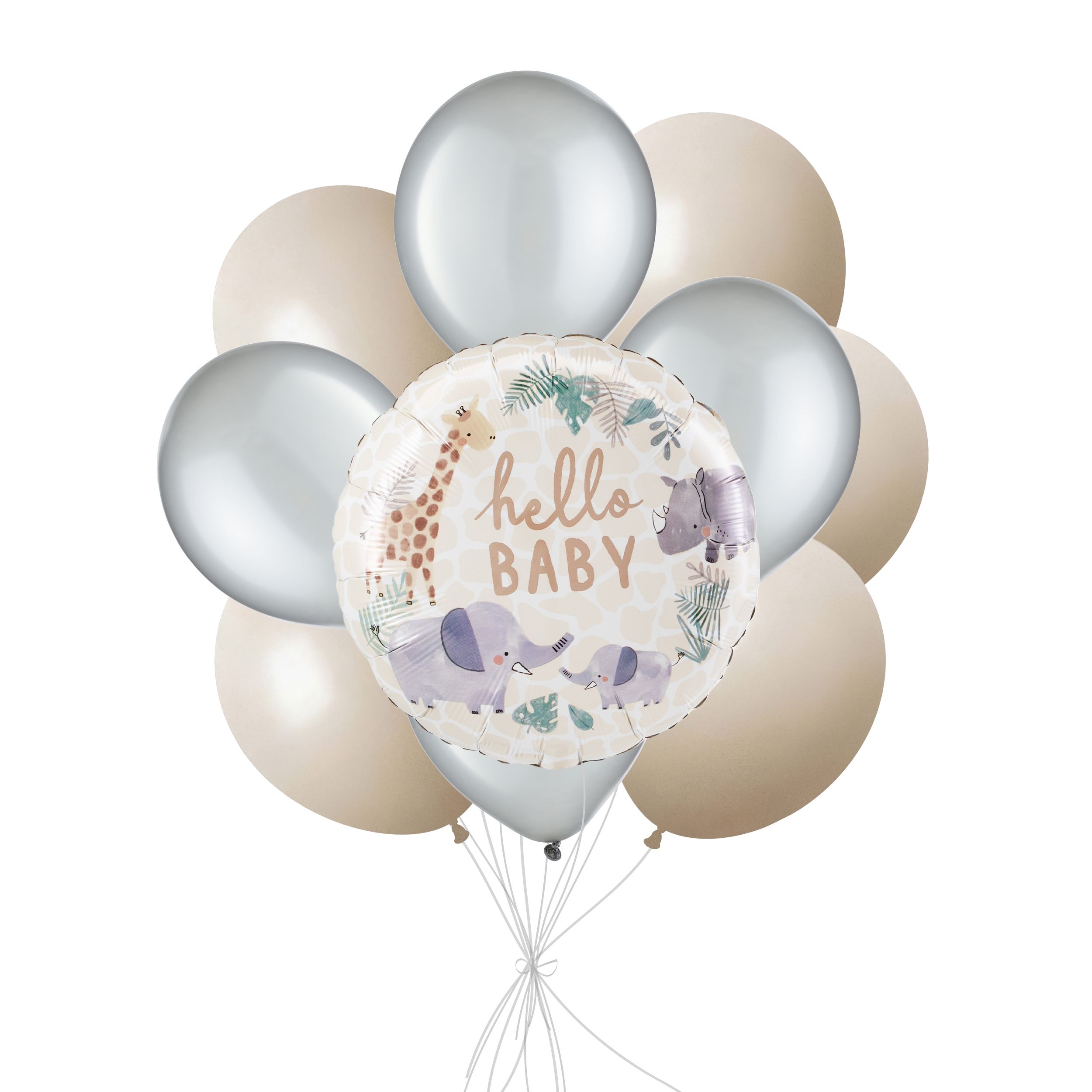 "Hello Baby" Soft Jungle Balloon Bouquet with Latex Balloons, Silver/White Sand, 10-pk, Helium Inflation & Ribbon Included Front_Flat