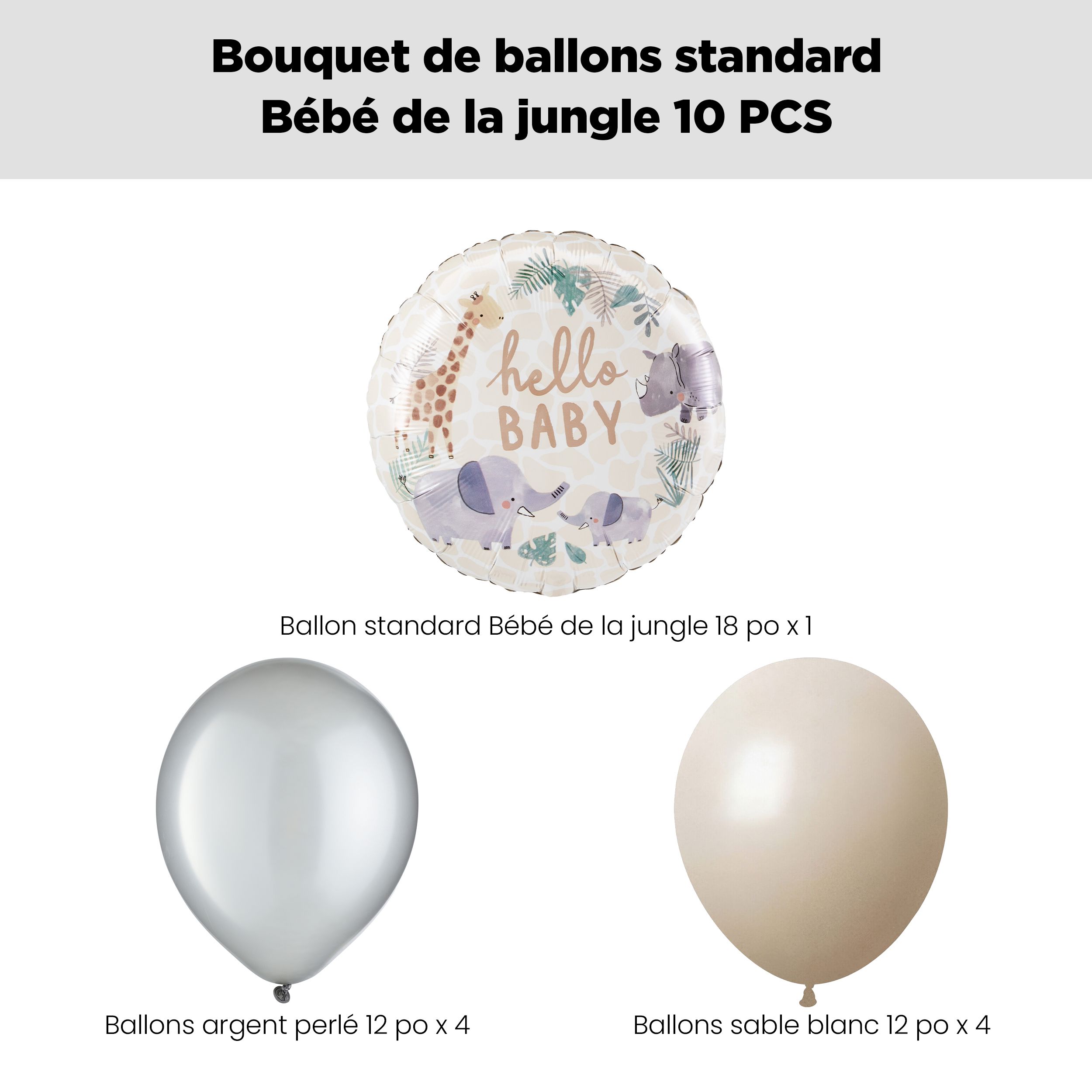 Bouquet de ballons avec ballon standard Soft Jungle « Hello Baby » et ballons en latex, argent et sable blanc, paq. 10, gonflage à l’hélium et ruban compris Front_Flat