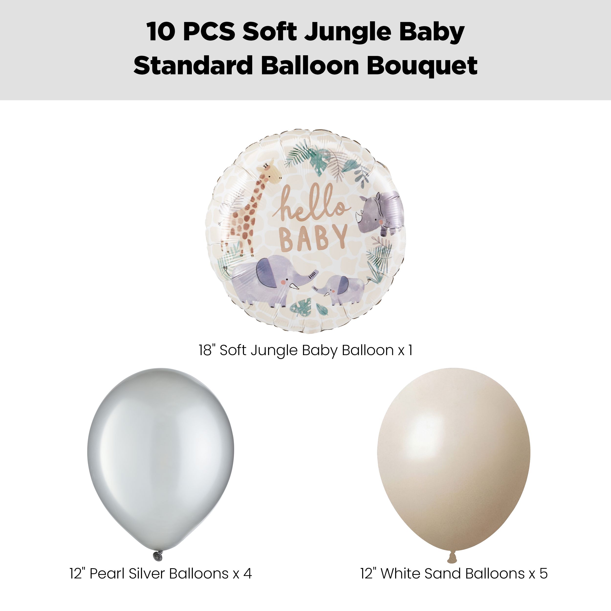 "Hello Baby" Soft Jungle Balloon Bouquet with Latex Balloons, Silver/White Sand, 10-pk, Helium Inflation & Ribbon Included Front_Flat
