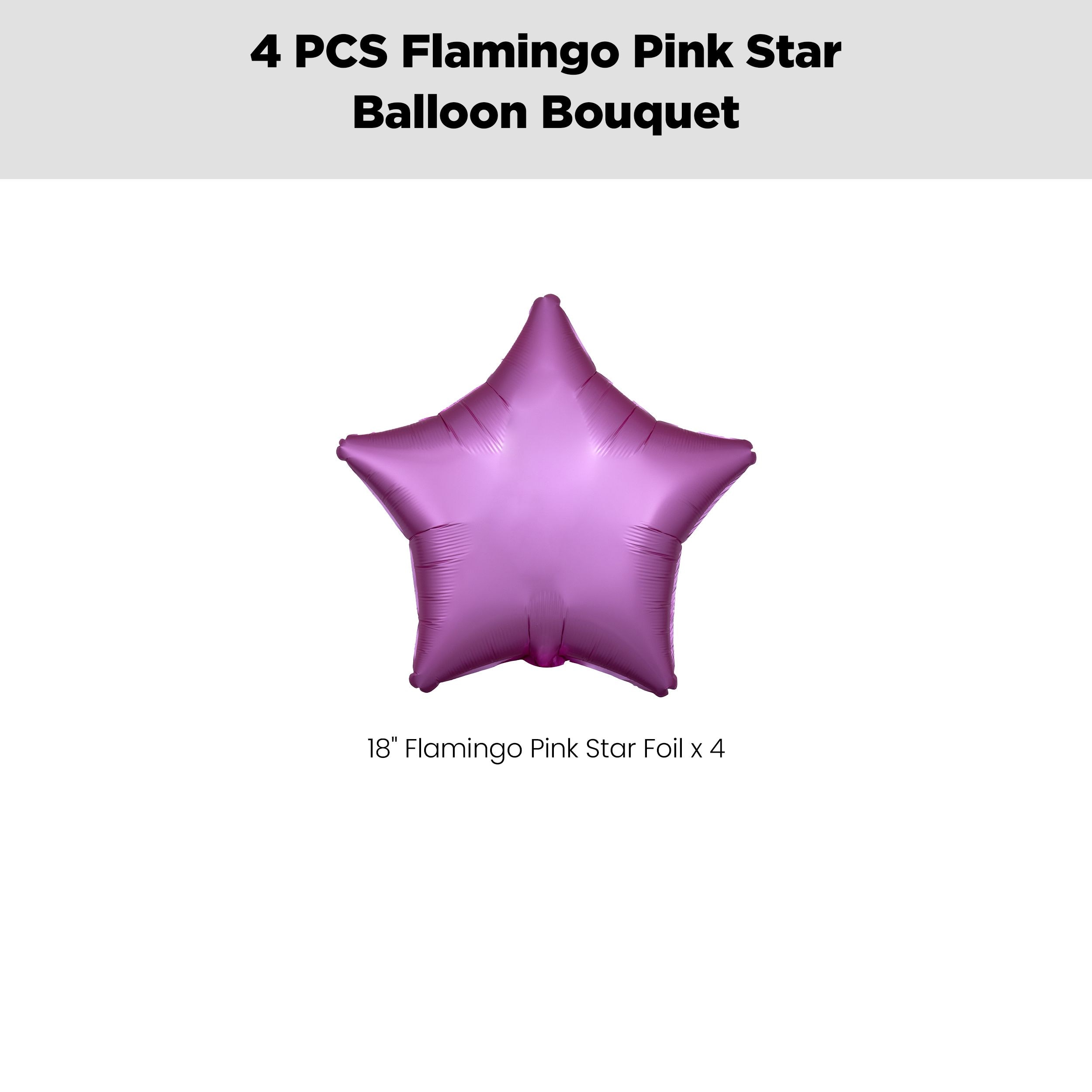 Star Foil Balloon Bouquet, Flamingo Pink, 4-pk, Helium Inflation & Ribbon Included for Birthday/Special Occasion Front_Flat