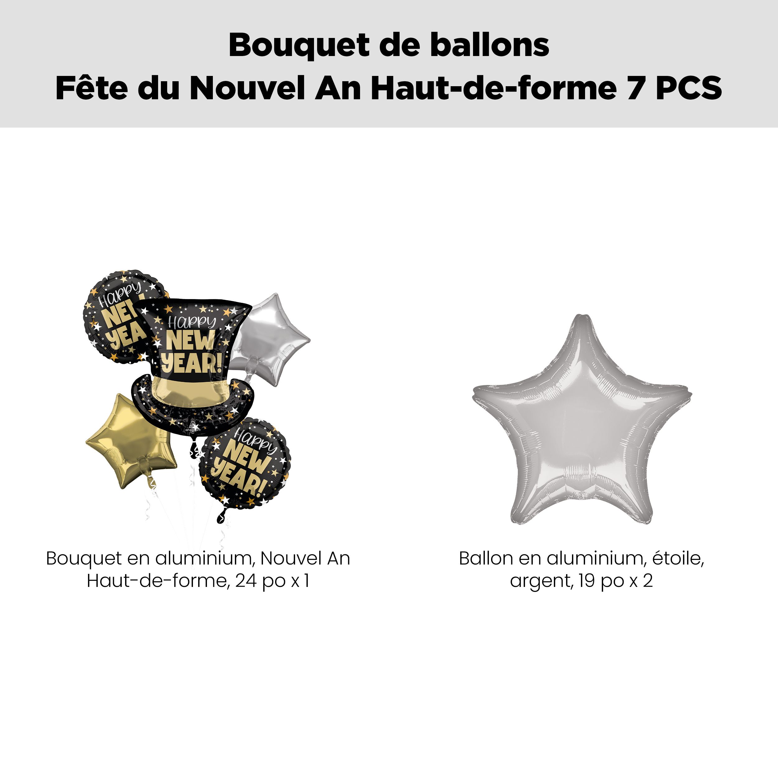 Happy New Year! Bouquet de ballon de forme extraordinaire chapeau haut de forme avec ballons en aluminium en forme d'étoile, argenté/doré, 7 pièces, gonflage à l'hélium et ruban inclus Front_Flat