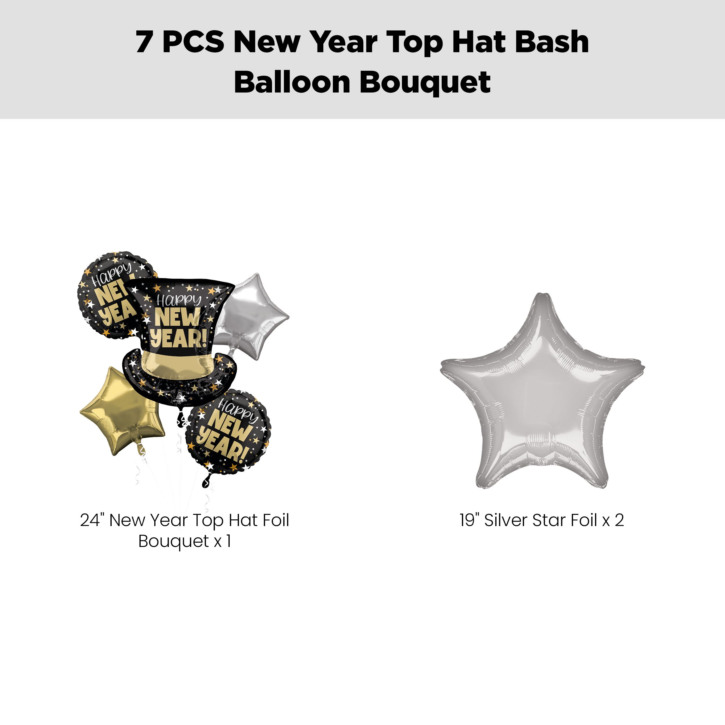 "Happy New Year!" Top Hat Bash Supershape Balloon Bouquet with Star Foil Balloons, Silver/Gold, 7-pk, Helium Inflation & Ribbon Included Front_Flat