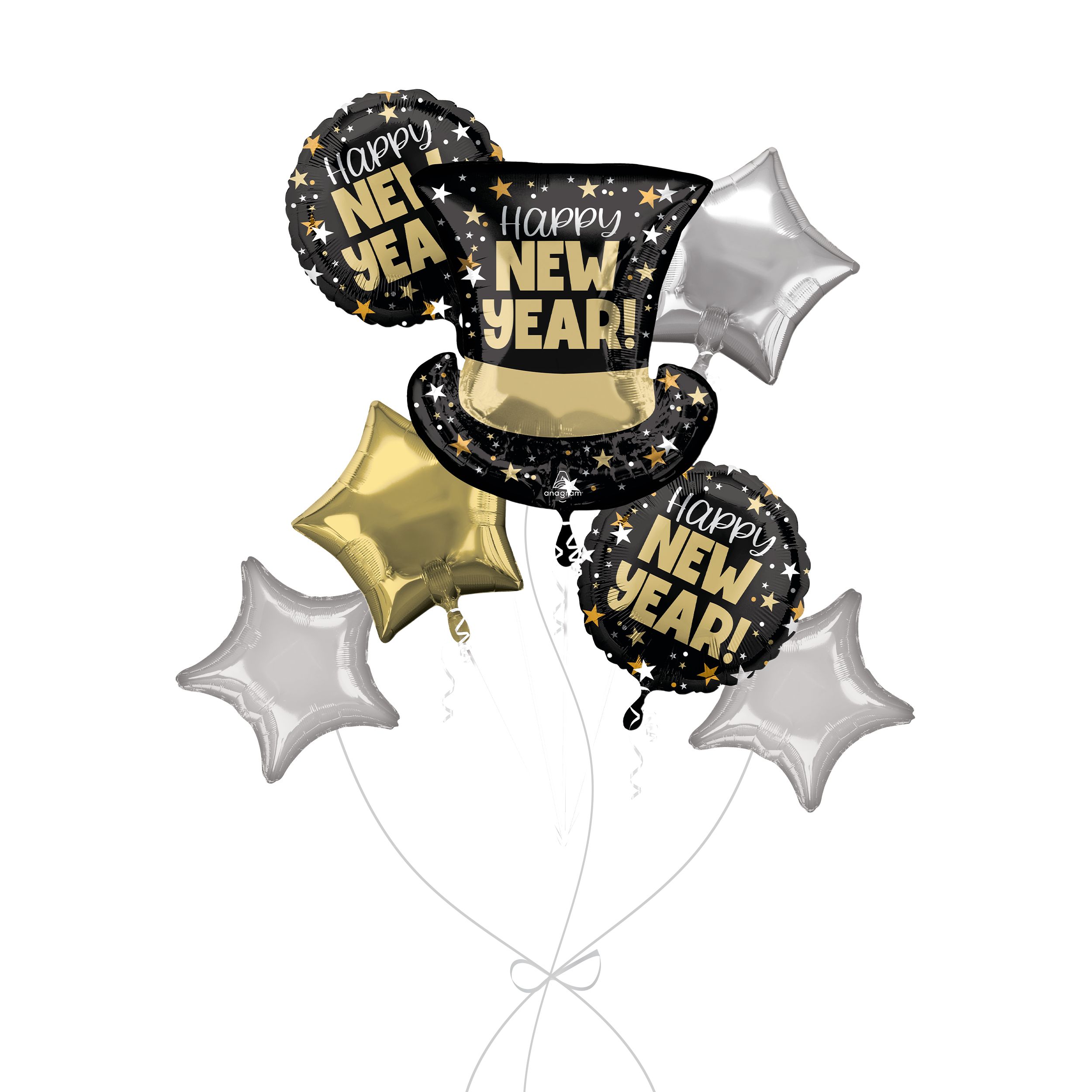 Happy New Year! Bouquet de ballon de forme extraordinaire chapeau haut de forme avec ballons en aluminium en forme d'étoile, argenté/doré, 7 pièces, gonflage à l'hélium et ruban inclus Front_Flat