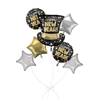 Happy New Year! Bouquet de ballon de forme extraordinaire chapeau haut de forme avec ballons en aluminium en forme d'étoile, argenté/doré, 7 pièces, gonflage à l'hélium et ruban inclus Front_Flat