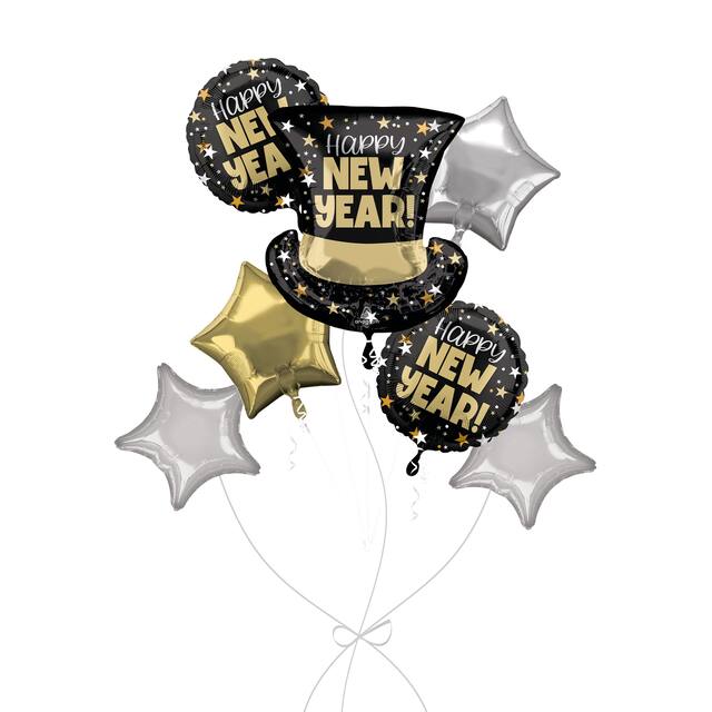 "Happy New Year!" Top Hat Bash Supershape Balloon Bouquet with Star Foil Balloons, Silver/Gold, 7-pk, Helium Inflation & Ribbon Included Front_Flat