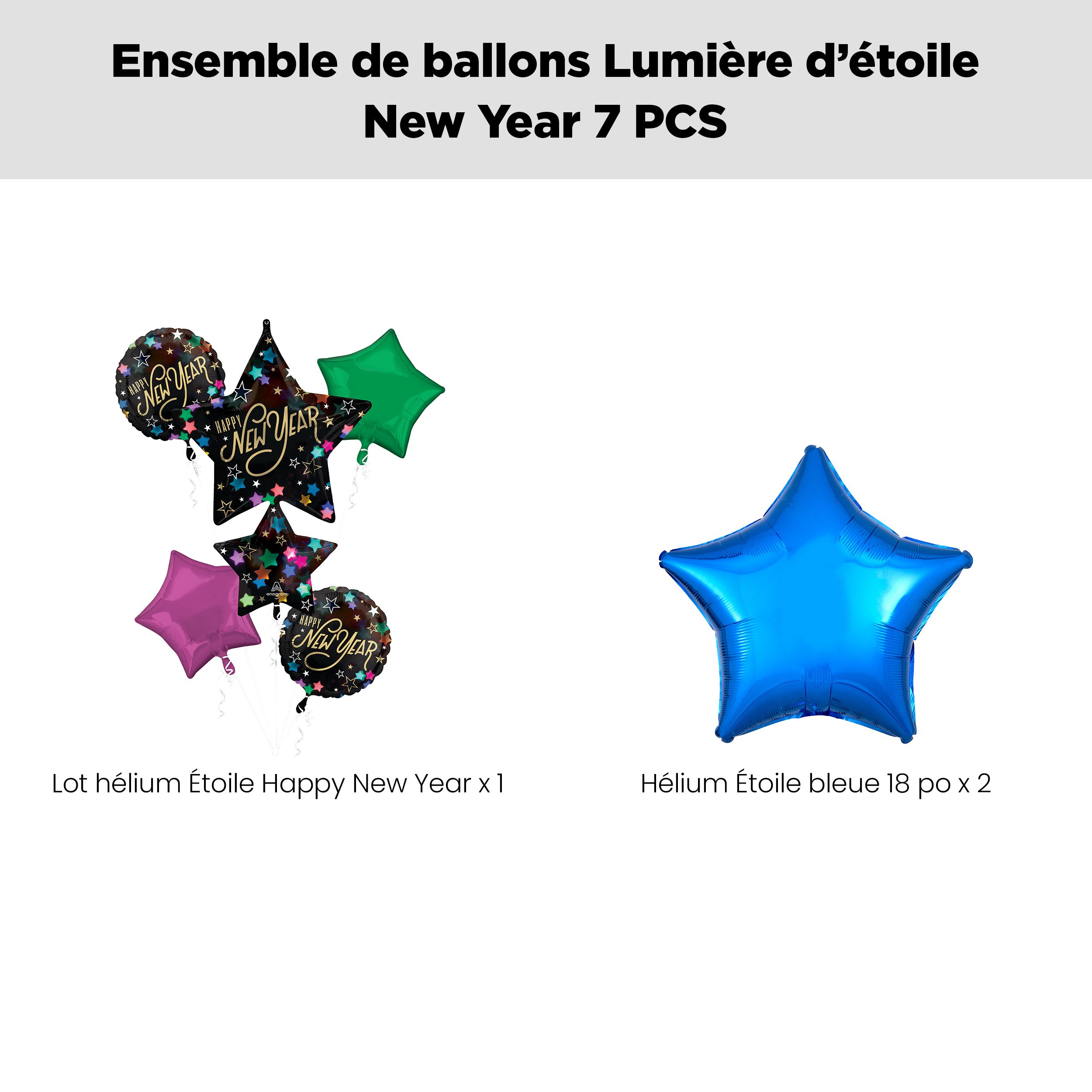 Bouquet de ballons géants métalliques satinés étoiles/ronds Happy New Year avec ballons métalliques étoilés, noir/rose/vert/bleu, paq. 7, gonflage à l’hélium et ruban inclus Front_Flat