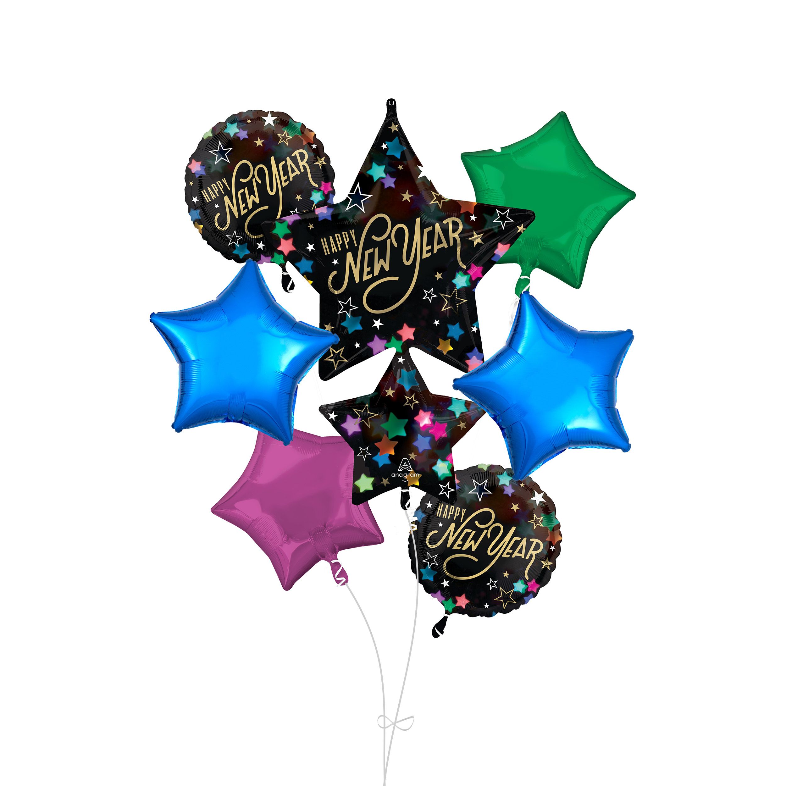 "Happy New Year" Star/Round Satin Foil Supershape Balloon Bouquet with Star Foil Balloons, Black/Pink/Green/Blue, 7-pk, Helium Inflation & Ribbon Included Front_Flat