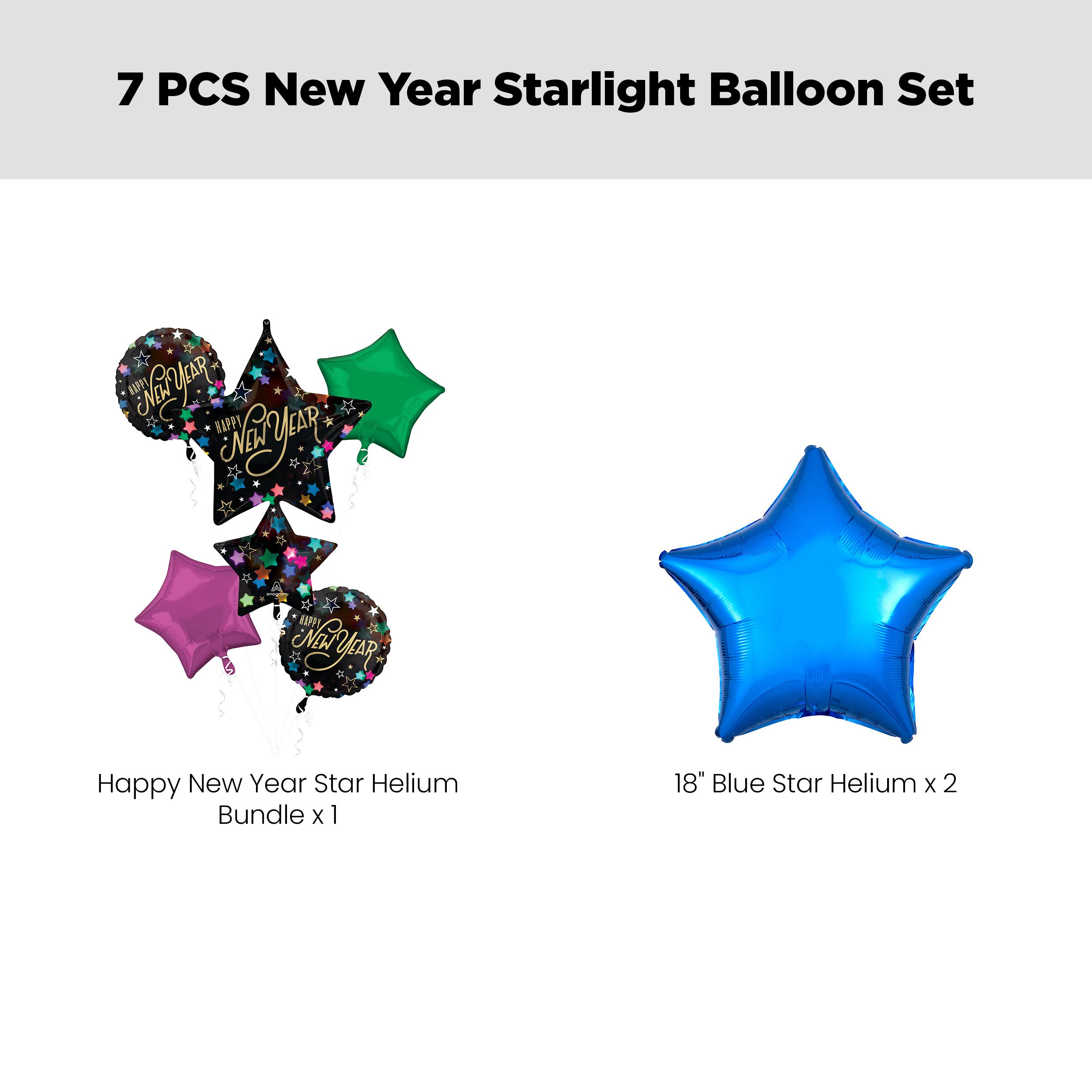 "Happy New Year" Star/Round Satin Foil Supershape Balloon Bouquet with Star Foil Balloons, Black/Pink/Green/Blue, 7-pk, Helium Inflation & Ribbon Included Front_Flat