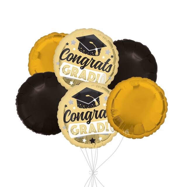 “Congrats Grad!” Shiny Balloon Bouquet with Round Foil Balloons, Gold/Black, 6-pk, Helium Inflation & Ribbon Included Front_Flat
