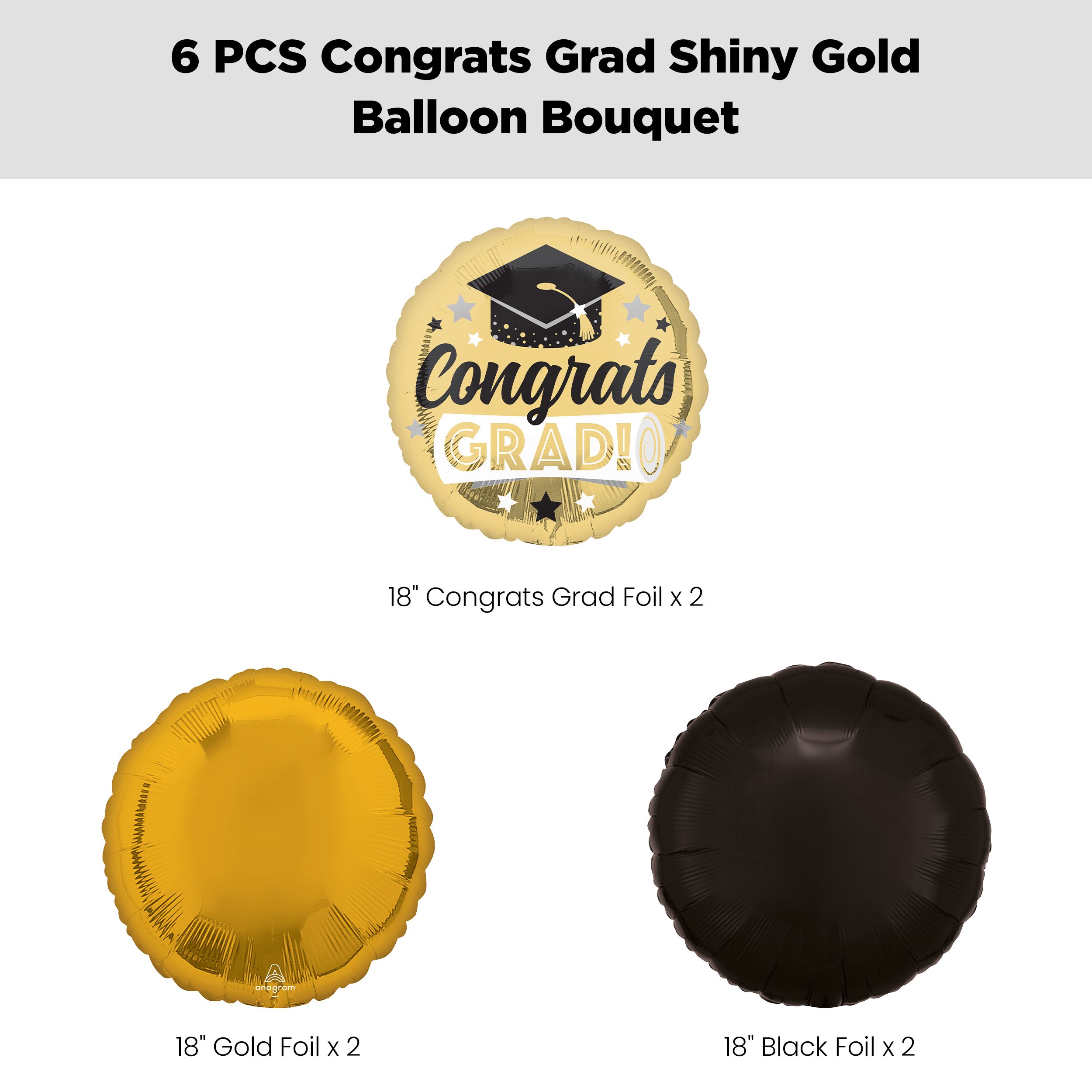 “Congrats Grad!” Shiny Balloon Bouquet with Round Foil Balloons, Gold/Black, 6-pk, Helium Inflation & Ribbon Included Front_Flat