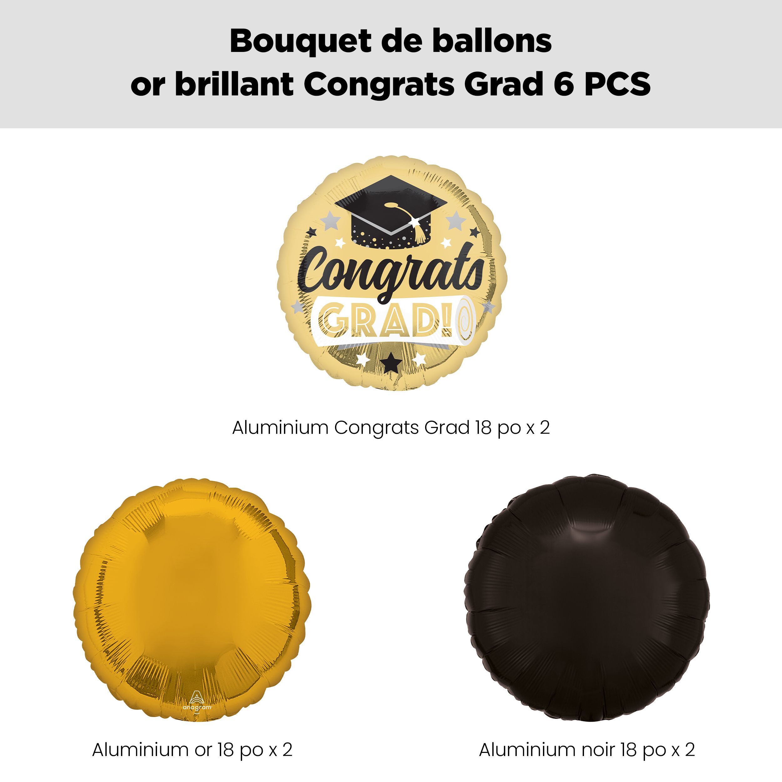 Bouquet de ballons scintillants «&nbsp;Congrats Grad!&nbsp;» avec ballons ronds en aluminium dorés et noirs, paq. 6, gonflage à l’hélium et ruban inclus Front_Flat