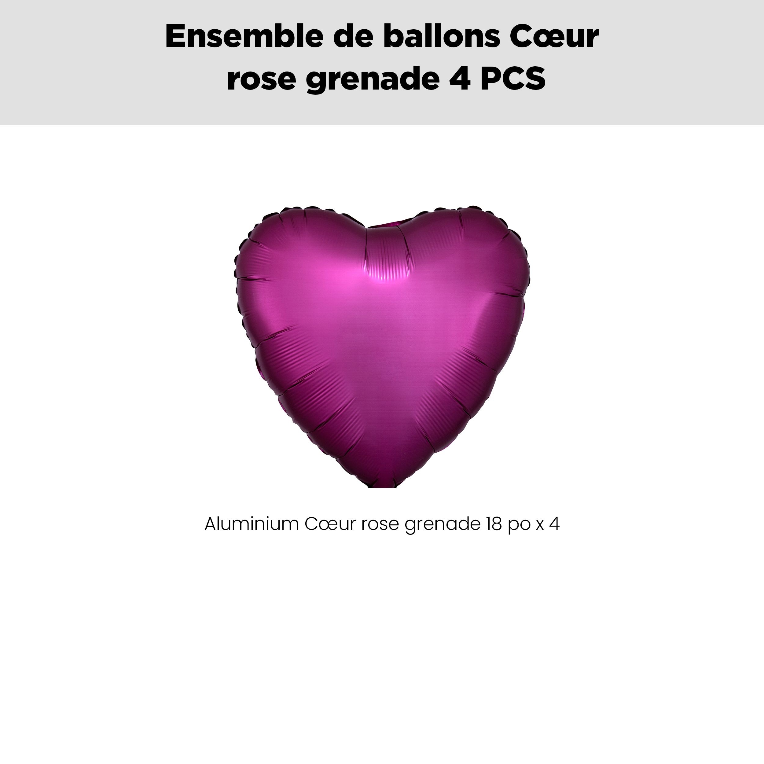Bouquet de ballons en forme de cœur en aluminium, rose grenade, paq.&nbsp;4, gonflage à l'hélium et ruban inclus pour anniversaire/occasion spéciale Front_Flat