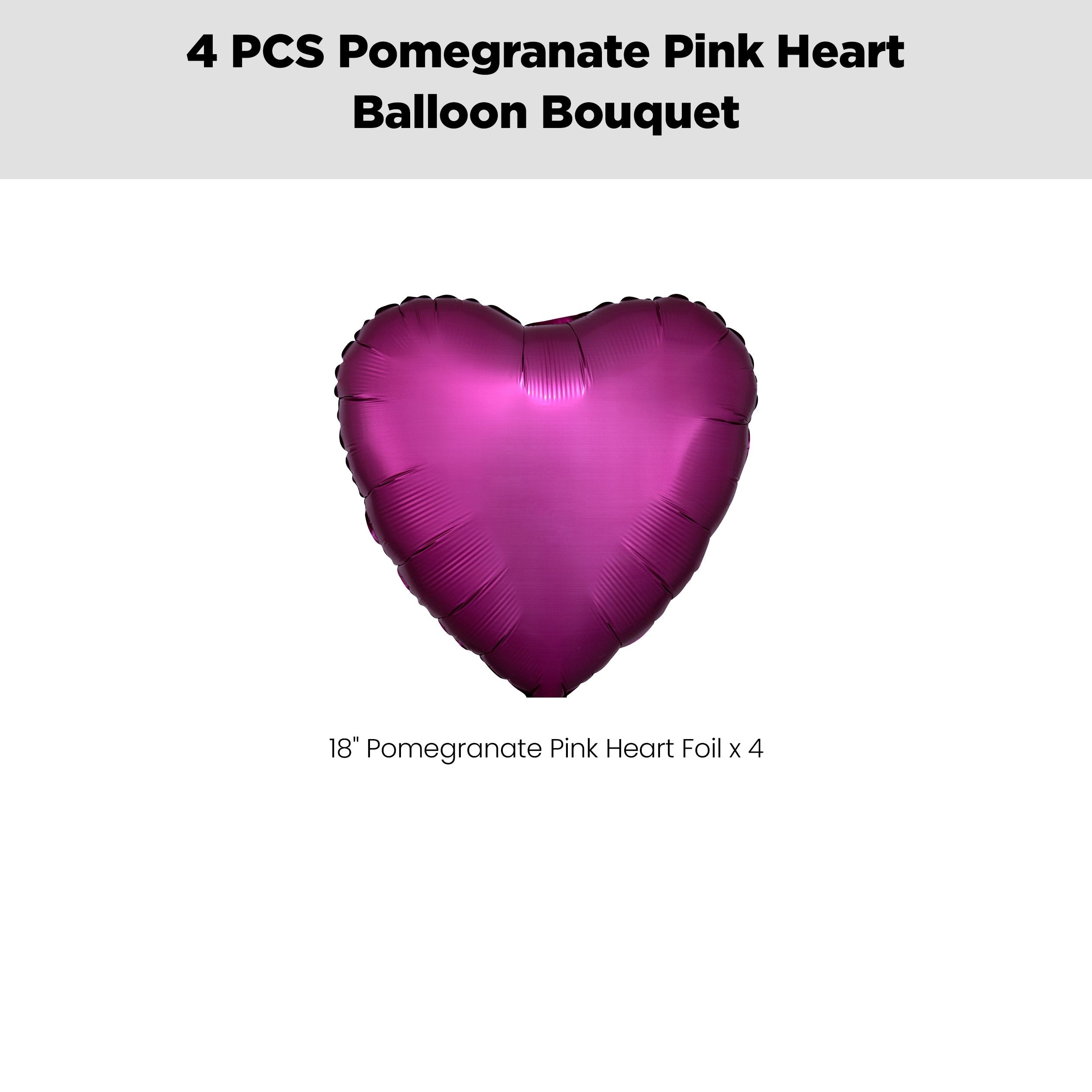 Heart Foil Balloon Bouquet, Pomegranate Pink, 4-pk, Helium Inflation & Ribbon Included for Birthday/Special Occasion Front_Flat