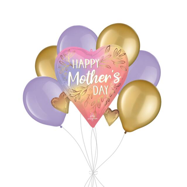 “Happy Mother’s Day” Botanical Trace Heart Supershape Balloon Bouquet with Latex Balloons, Gold/Lavender, 7-pk, Helium Inflation & Ribbon Included Front_Flat