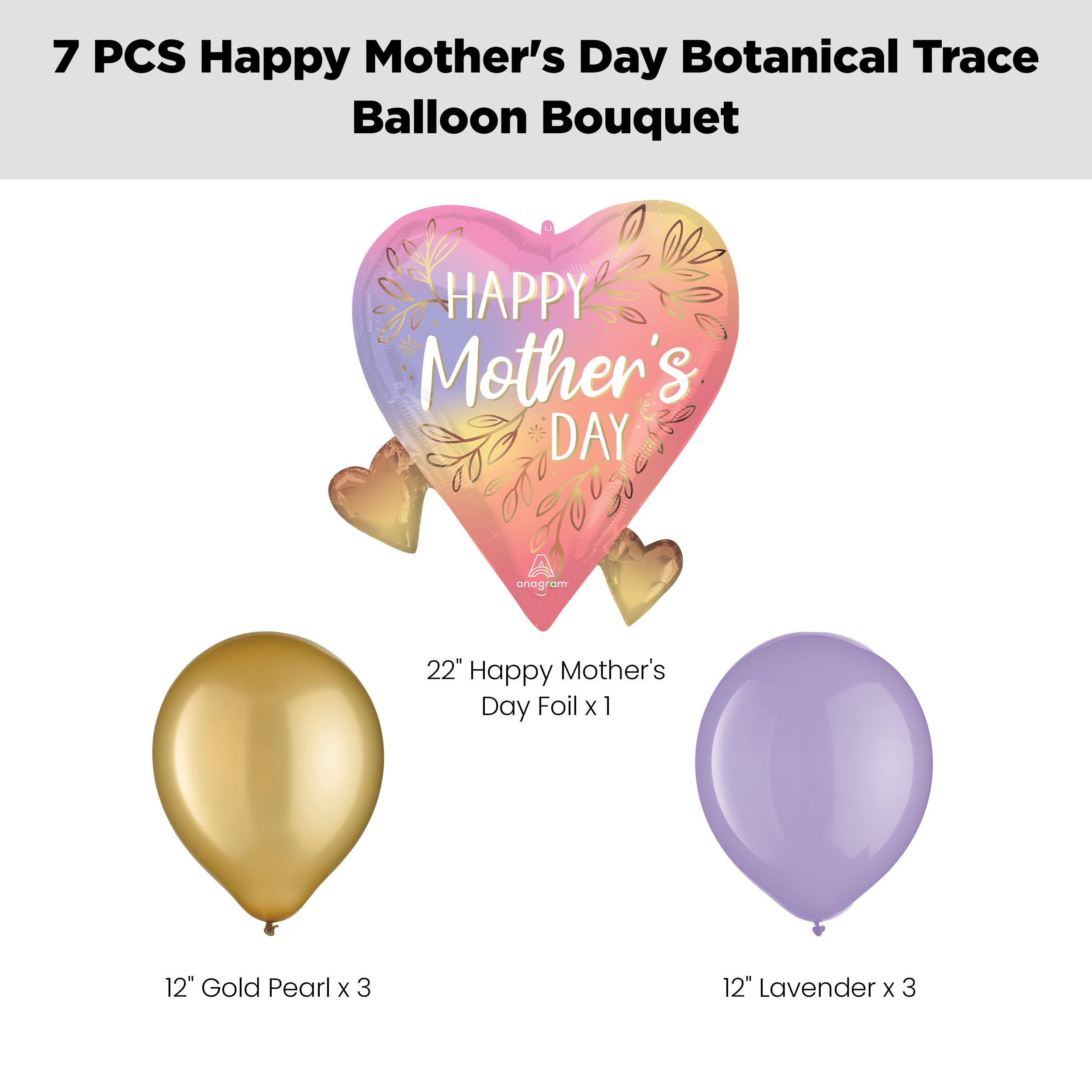 “Happy Mother’s Day” Botanical Trace Heart Supershape Balloon Bouquet with Latex Balloons, Gold/Lavender, 7-pk, Helium Inflation & Ribbon Included Front_Flat