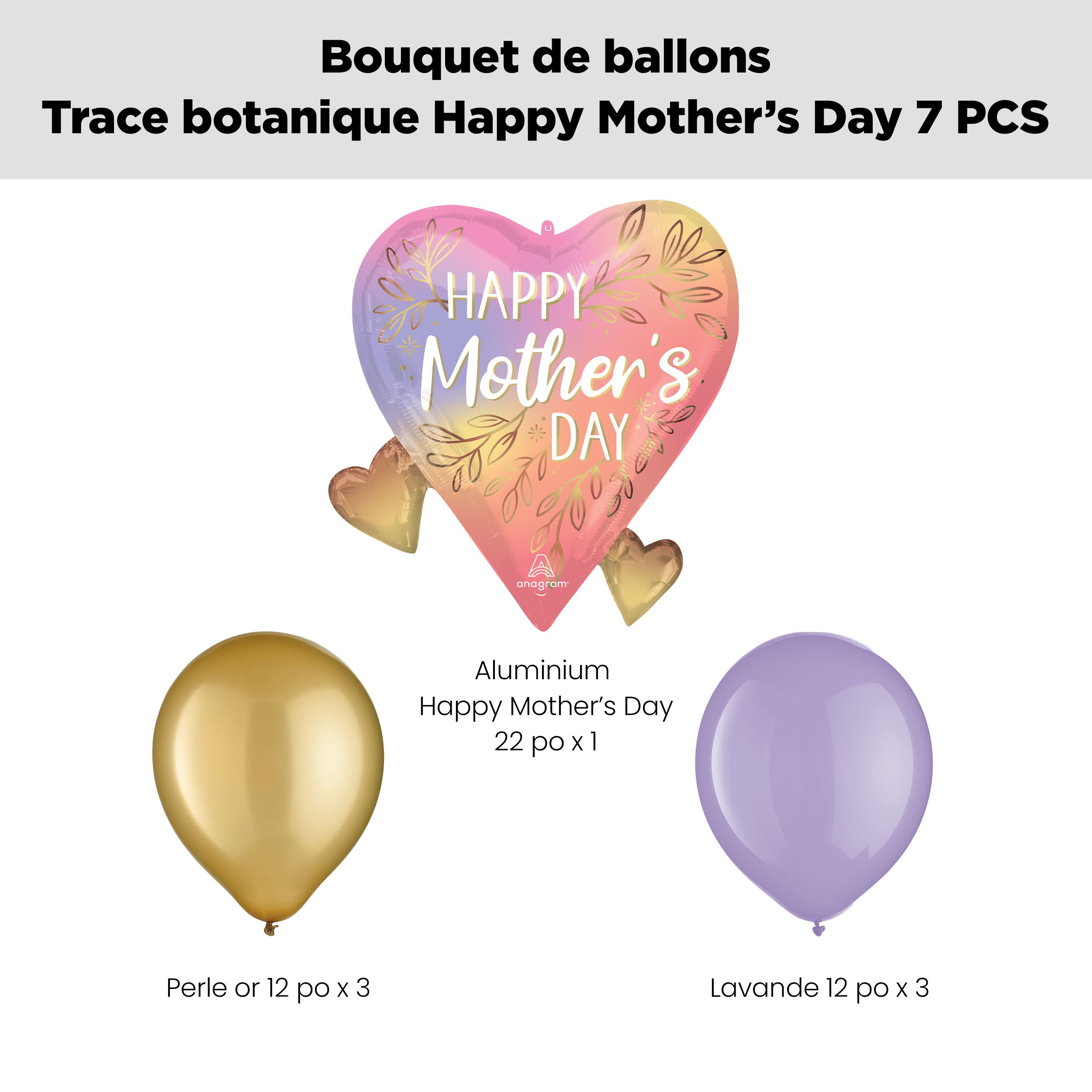 Bouquet de ballons en forme super en forme de cœur à motif floral «&nbsp;Happy Mother’s Day&nbsp;» avec ballons en latex dorés et lavande, paq. 7, gonflage à l’hélium et ruban inclus Front_Flat