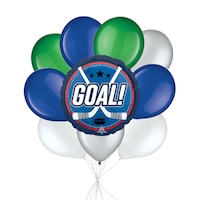 "Goal!" Hockey Sticks Balloon Bouquet with Latex Balloons, White/Silver/Festive Green/Royal Blue, 10-pk, Helium Inflation & Ribbon Included