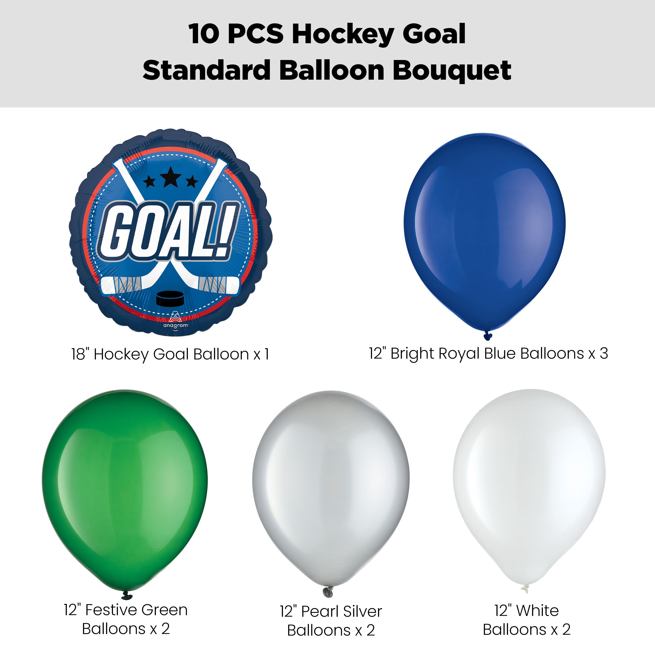 "Goal!" Hockey Sticks Balloon Bouquet with Latex Balloons, White/Silver/Festive Green/Royal Blue, 10-pk, Helium Inflation & Ribbon Included Front_Flat