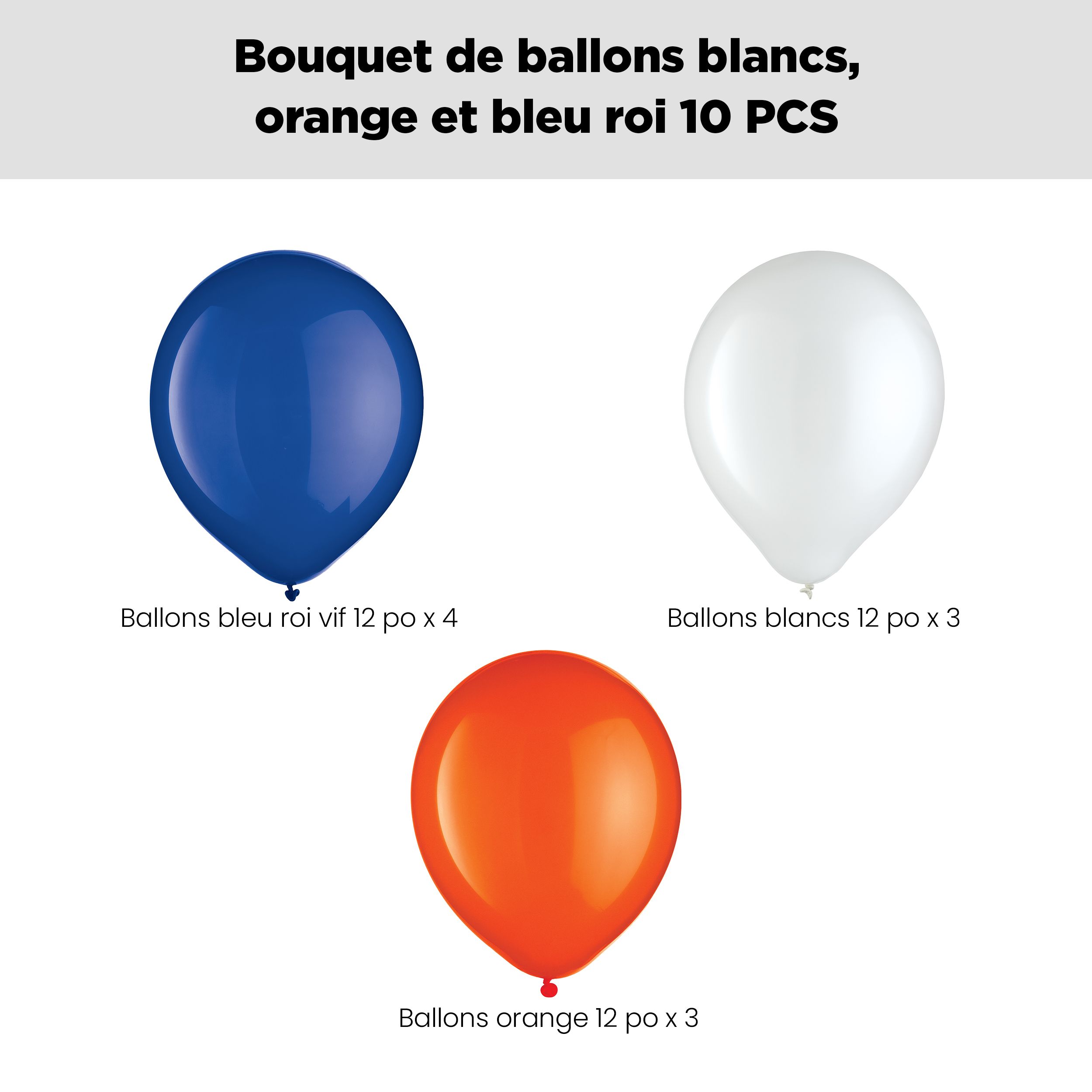 Bouquet de ballons ronds en latex, blanc, orange, bleu royal, 10 pce, gonflage à l’hélium et ruban compris Front_Flat