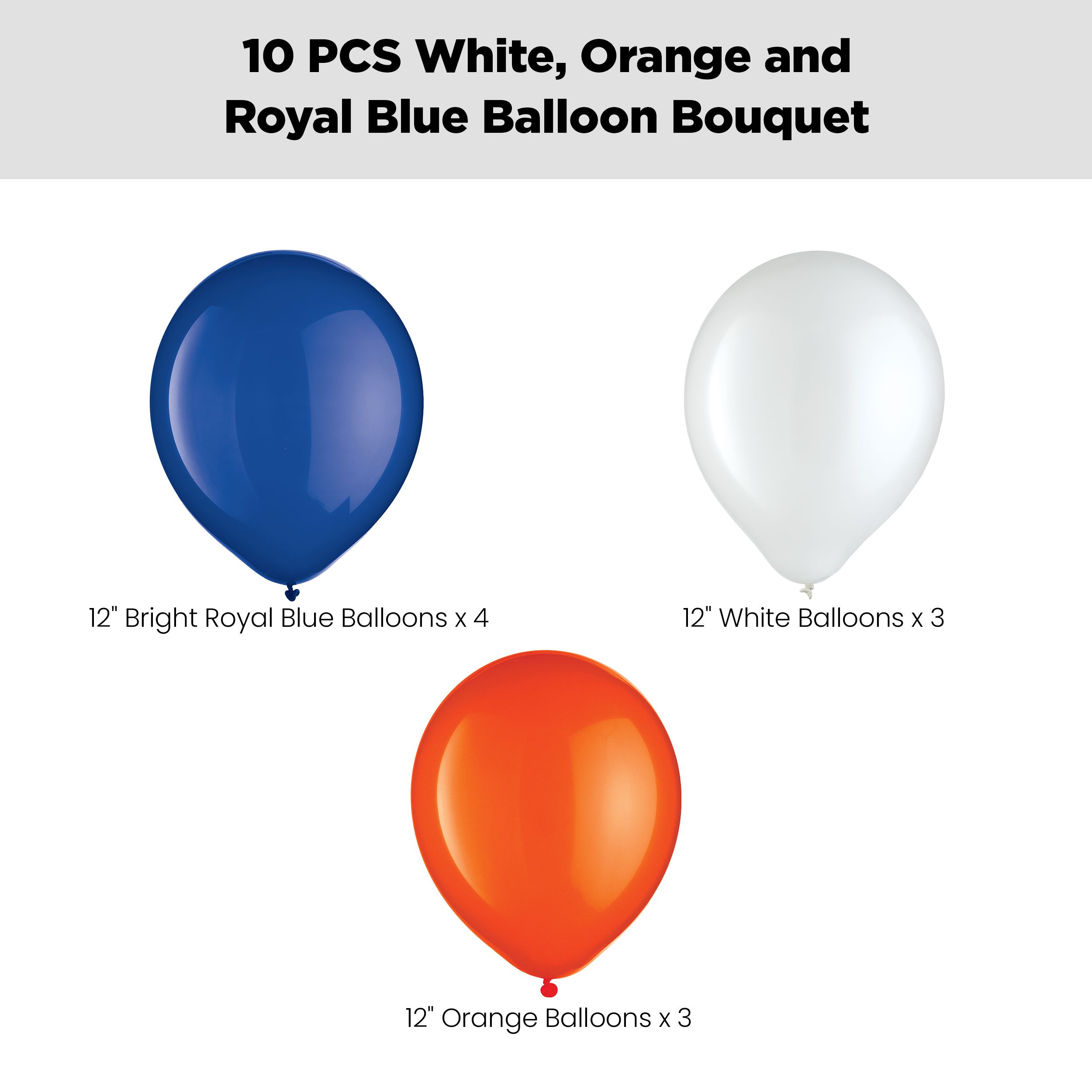 Round Latex Balloon Bouquet, White/Orange/Royal Blue, 10-pk, Helium Inflation & Ribbon Included Front_Flat