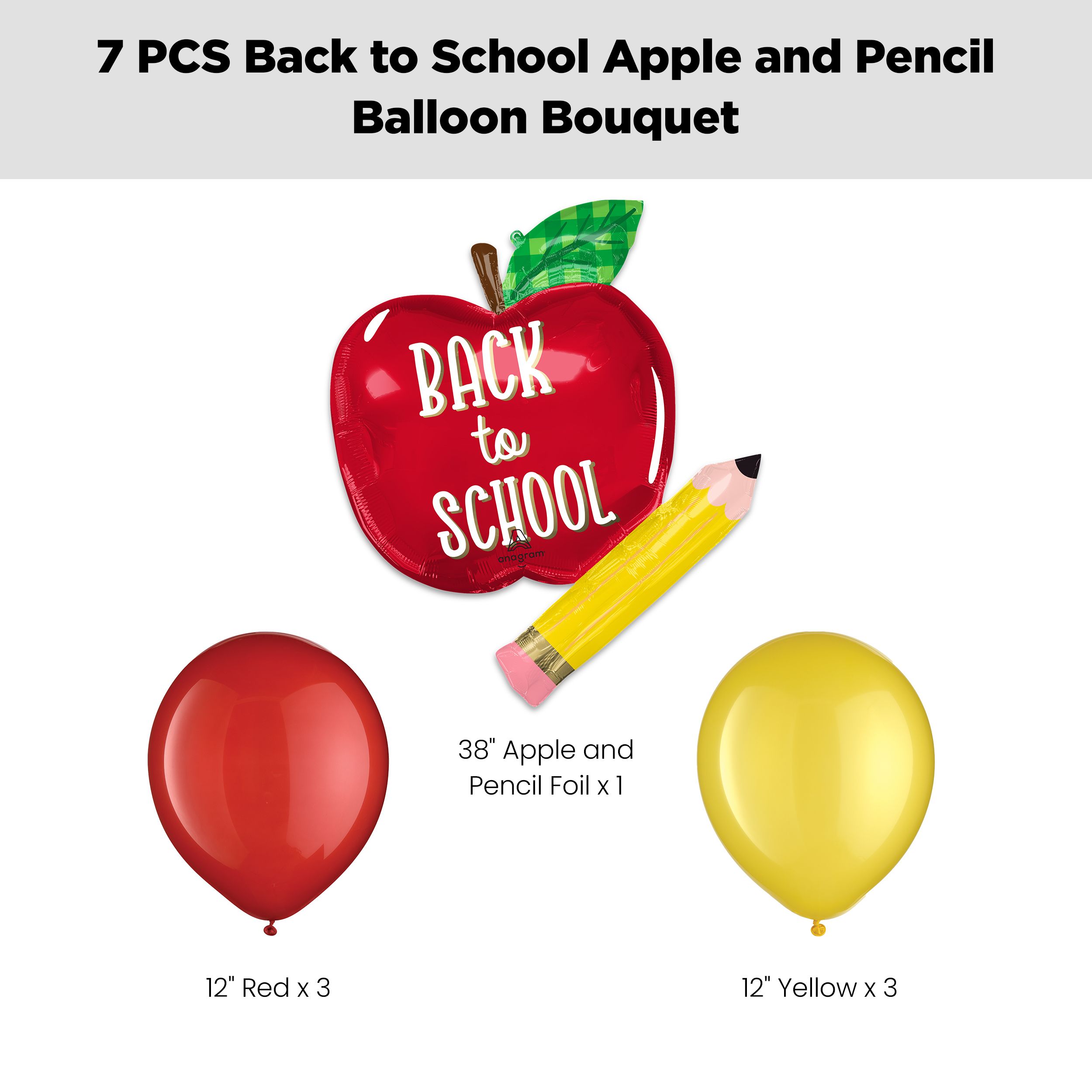 “Back to School” Apple and Pencil Supershape Balloon Bouquet with Latex Balloons, Red/Yellow, 7-pk, Helium Inflation & Ribbon Included Front_Flat